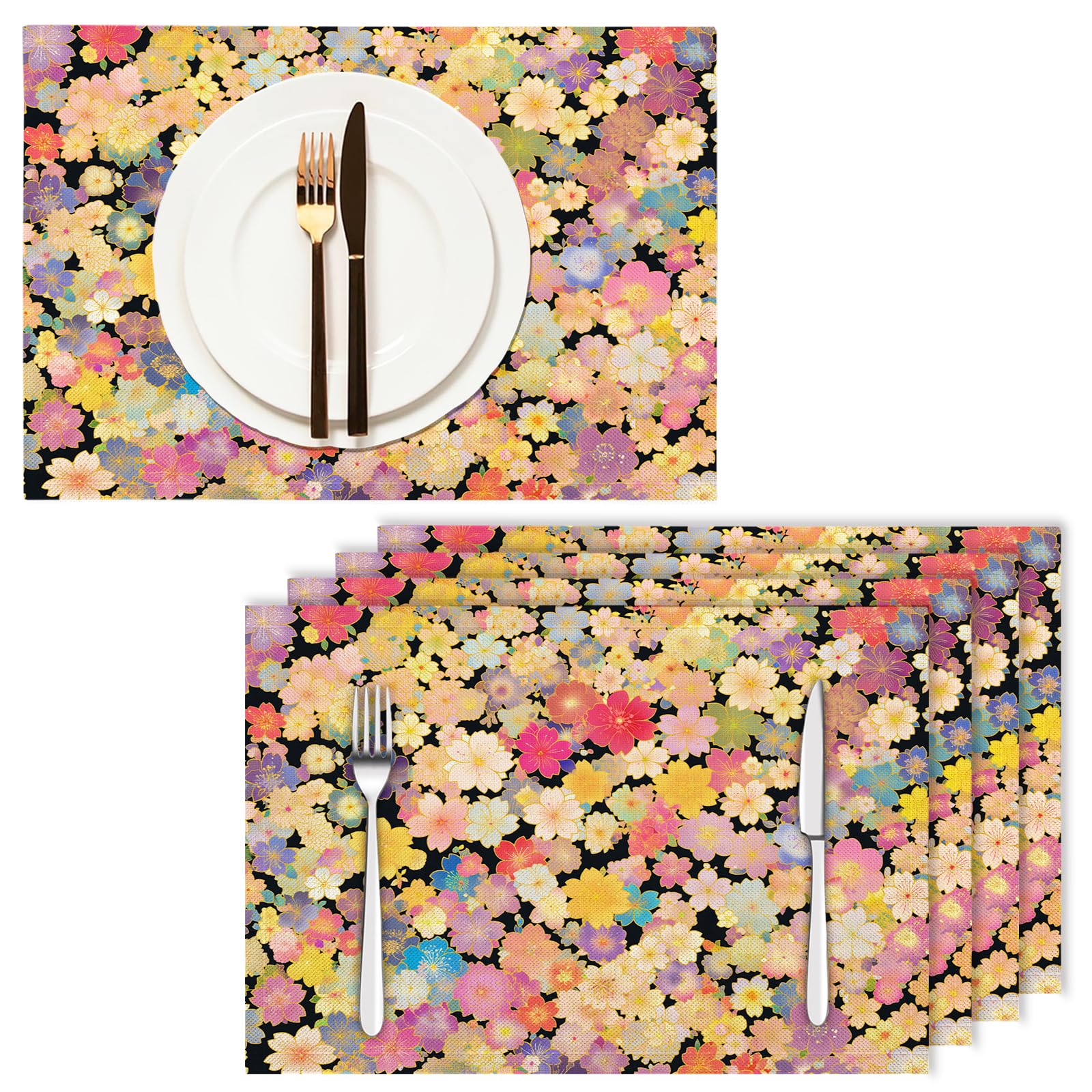 Set de Table Dessin animé - 8 Pièces Tapis de Table Petit Motif Floral en Coton et Lin 45×30cm Lavable Placemats Rectangulaire pour Salle à Manger, Salon