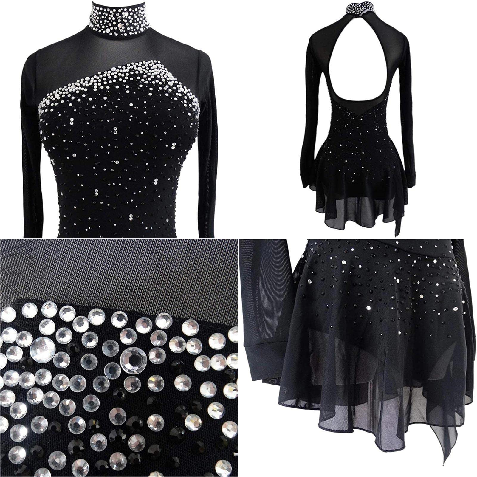 ZEDDG Vestito Pattinaggio Artistico Bambina con Strass Abito da Ballo Latino Danza Balletto Body da Ginnastica per Donna,Black 1-M