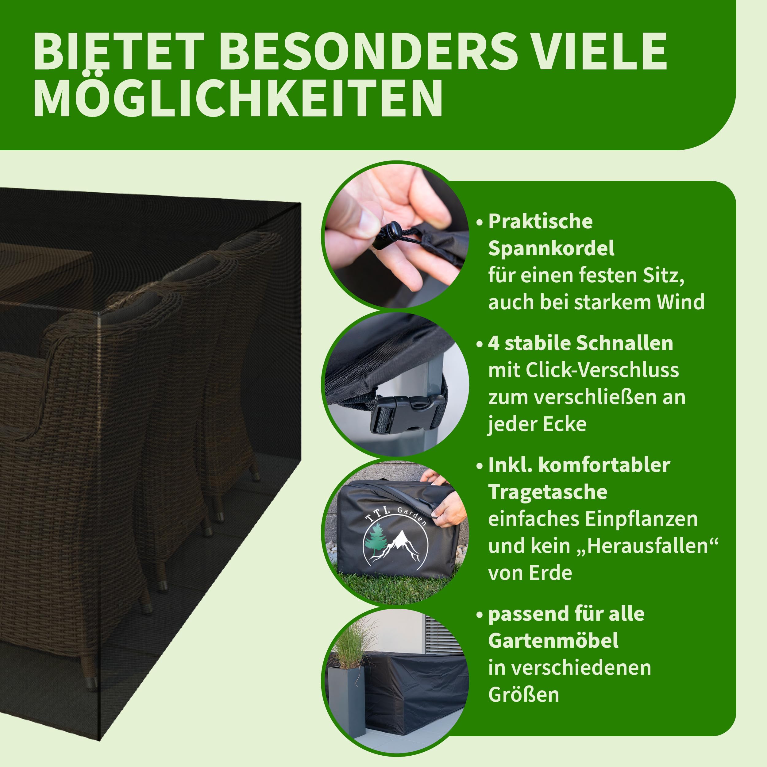 Gartenmöbel Abdeckung 315x180x74 Cm – Wasserdicht, 420D Oxford, Mit Schnallen & Spannkordel Für Ganzjährigen Schutz