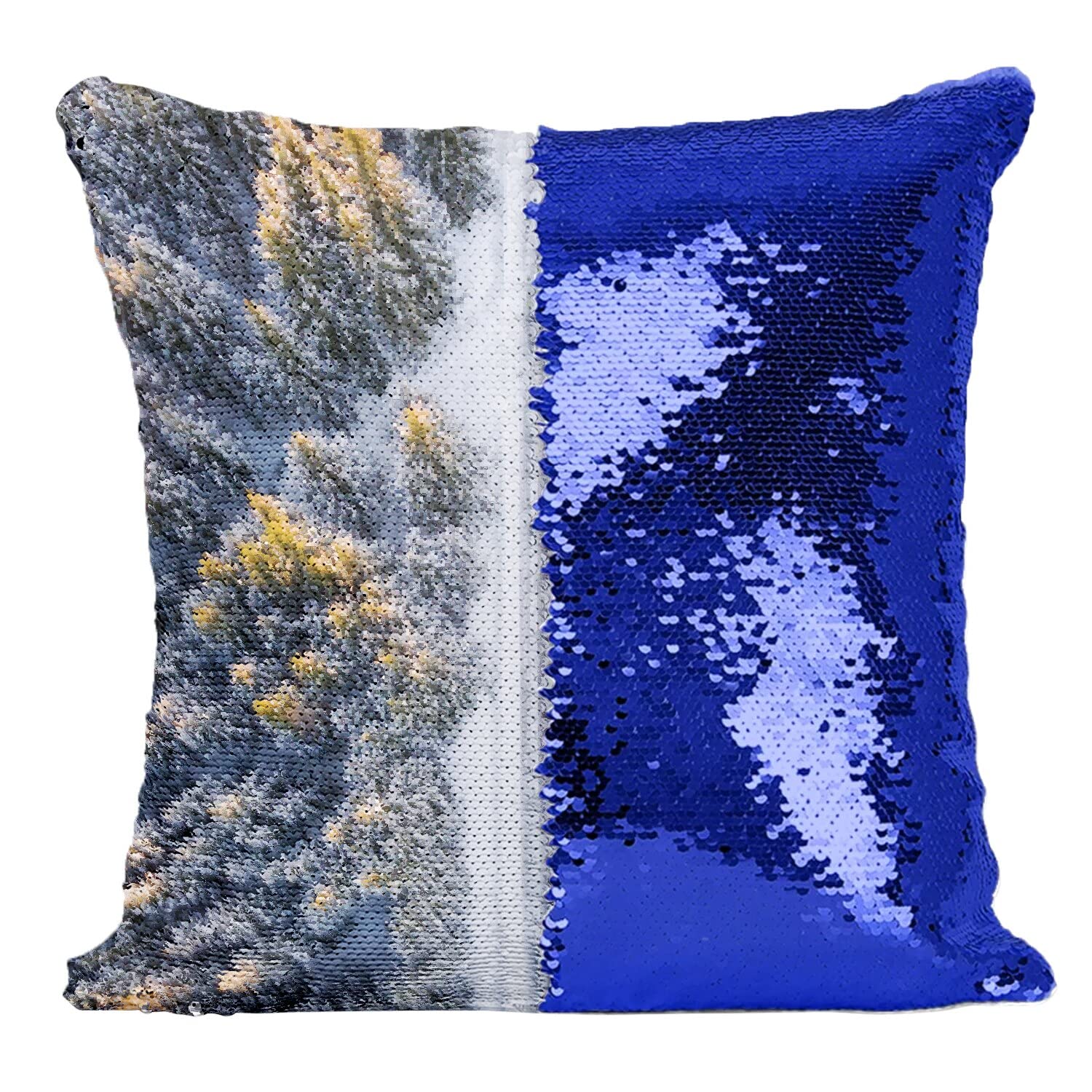 Coussin avec housse sequin forêt de pins sous la neige, une idée cadeau originale