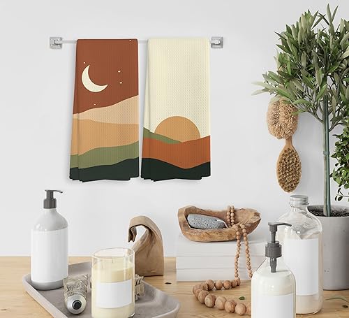 Miniatura 4 de Juego de 2 toallas de cocina y paños de cocina abstractos bohemios con sol, luna, montaña, amanecer y noche estrellada, paisaje, toallas de cocina y