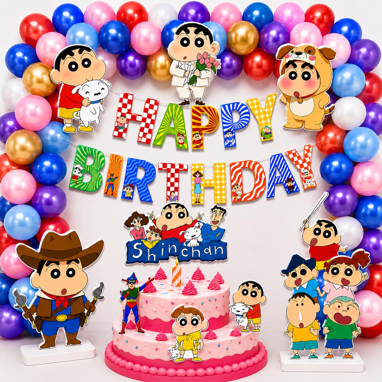 Partyjoy Shinchan Theme Birthday Decoration Kit for Kids | Happy Birthday Banner Cartoon Party Supplies | Cake Topper & Cupcake Toppers Set (With balloons)-image-2