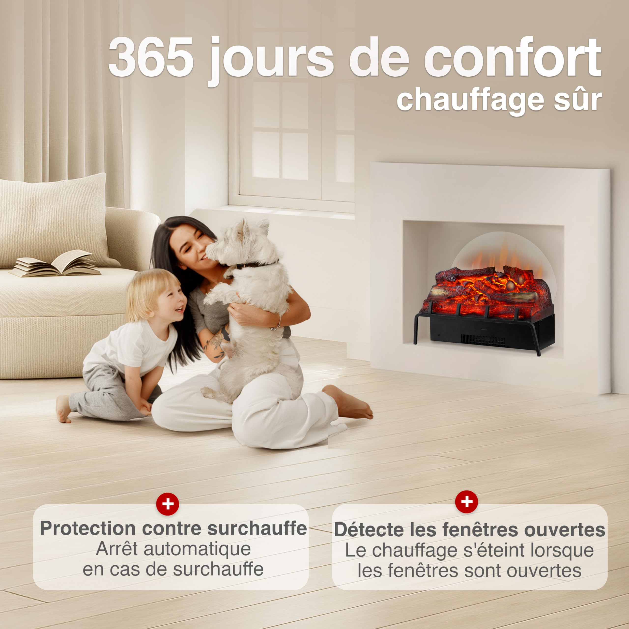 KAMINIO Cheminée électrique Noah - Insert de cheminée électrique avec Chauffage, lumière d' Ambiance LED, télécommande
