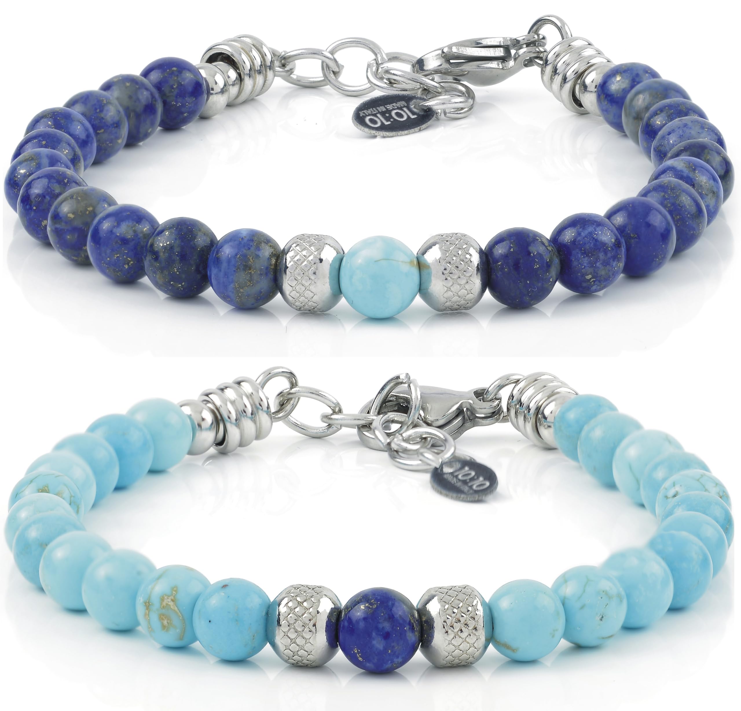 10:10 Armband für Sie und Ihn mit Natursteinen Durchmesser 6 mm und diamantbeschichteten Edelstahlkugeln. Sehr widerstandsfähiges verstellbares Armband. Made In Italy