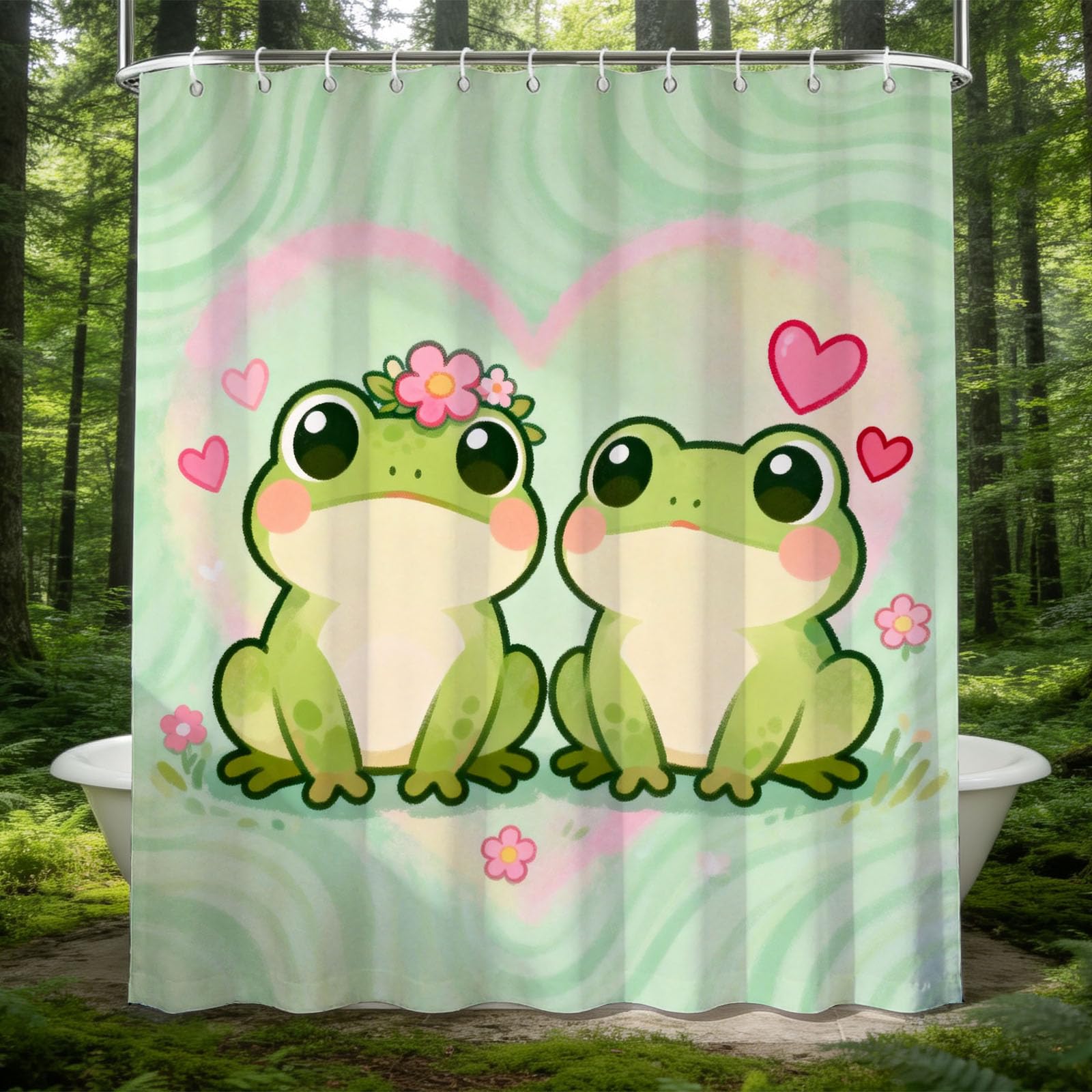 Hongduo 3D Couple Frogs Shower Curtain for Stalls Bathtubs Love Heart Bathroom Decor Shower Curtain Set Polyester Fabric Waterproof 180x180cm/71X71 Inch with Hooks