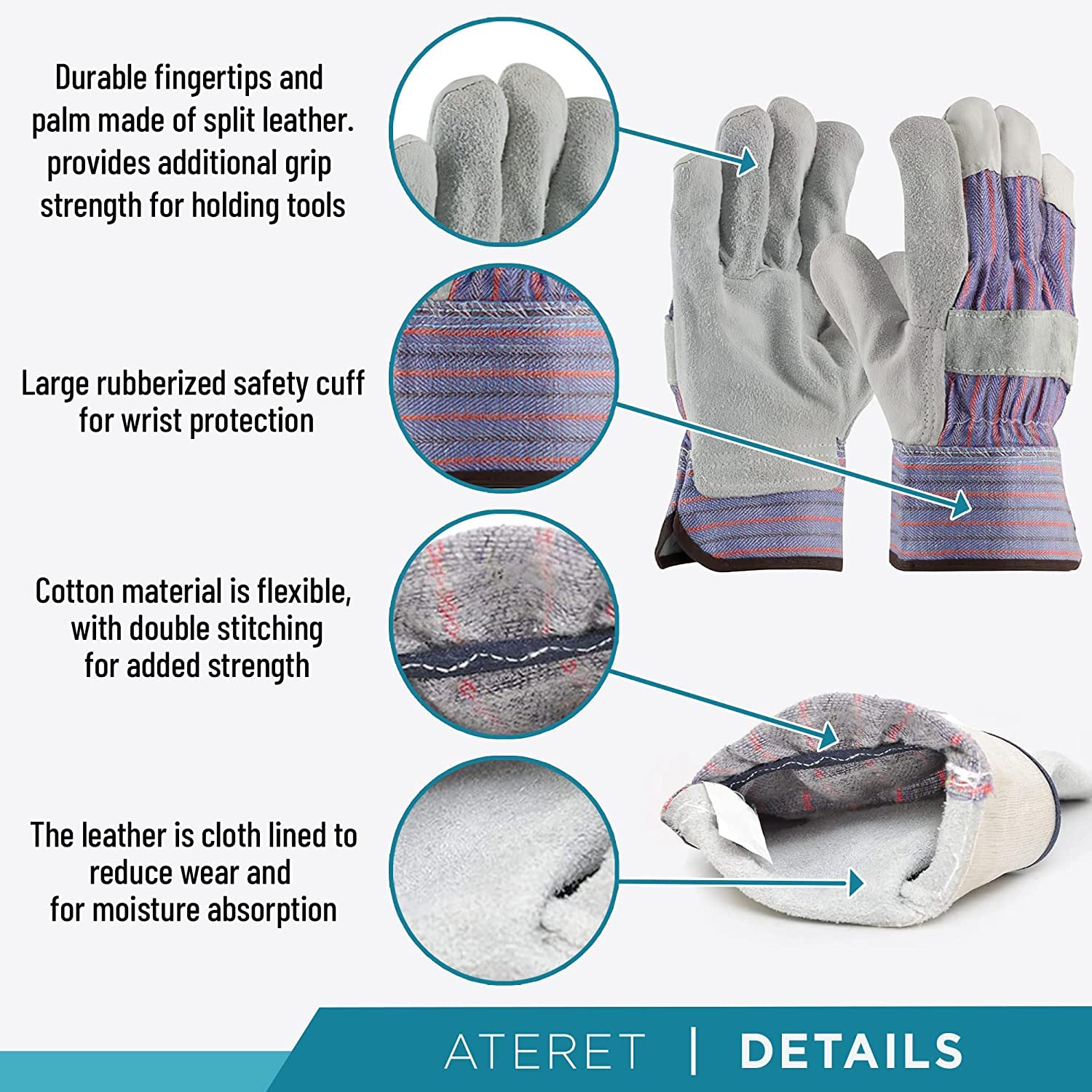 ATERET 12 Pairs Heavy Duty Premium Cowhide Leather Work Gloves & Index Finger Work Gloves w/Rubberized Cuff