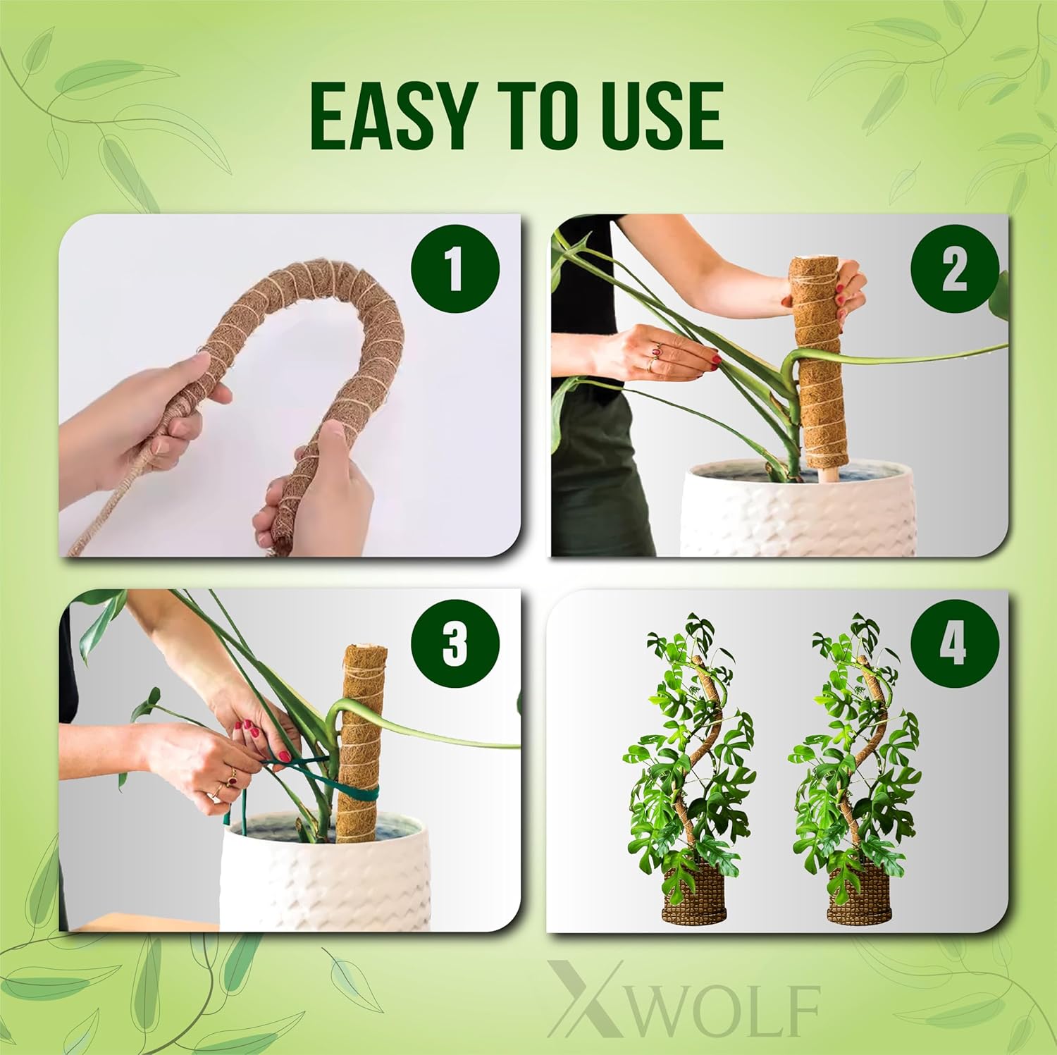 XWOLF 3 Pack Bendable Moss Pole 28" 48" 63" Monstera Plant Support for Climbing Indoor Plants, Tall Coir Plant Pole Sticks & Plant Stakes for Pothos, Philodendron & Potted Plants, Includes Plant Ties