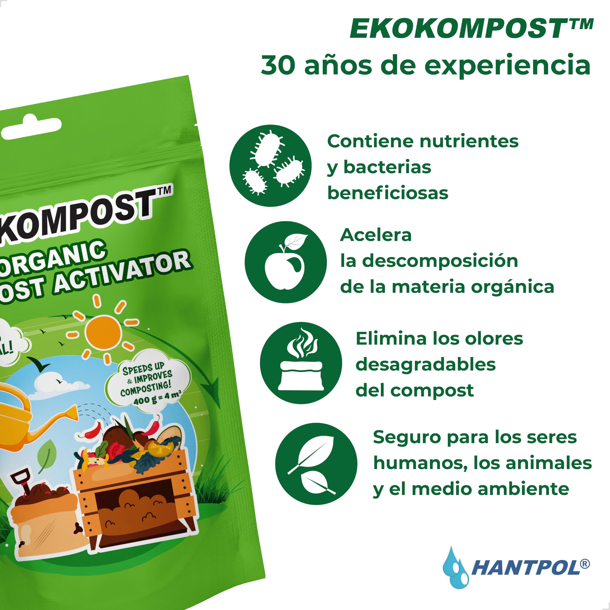 EKOKOMPOST - Activador de compost de fórmula concentrada para un reciclaje eficiente de residuos orgánicos - Apto para bajas temperaturas - Acelerador de compost 400g