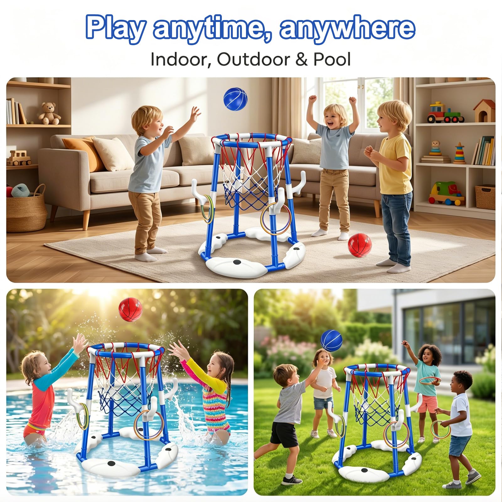 Pool Basketballkorb, 2-in-1 Pool Basketballkorb mit Ringwurfspiel für Kinder und Erwachsene mit 2 Bällen, 12 Ringen und Pumpe, Schwimmender Pool-Basketballkorb für Wasserspielzeug Sommer-Poolparty