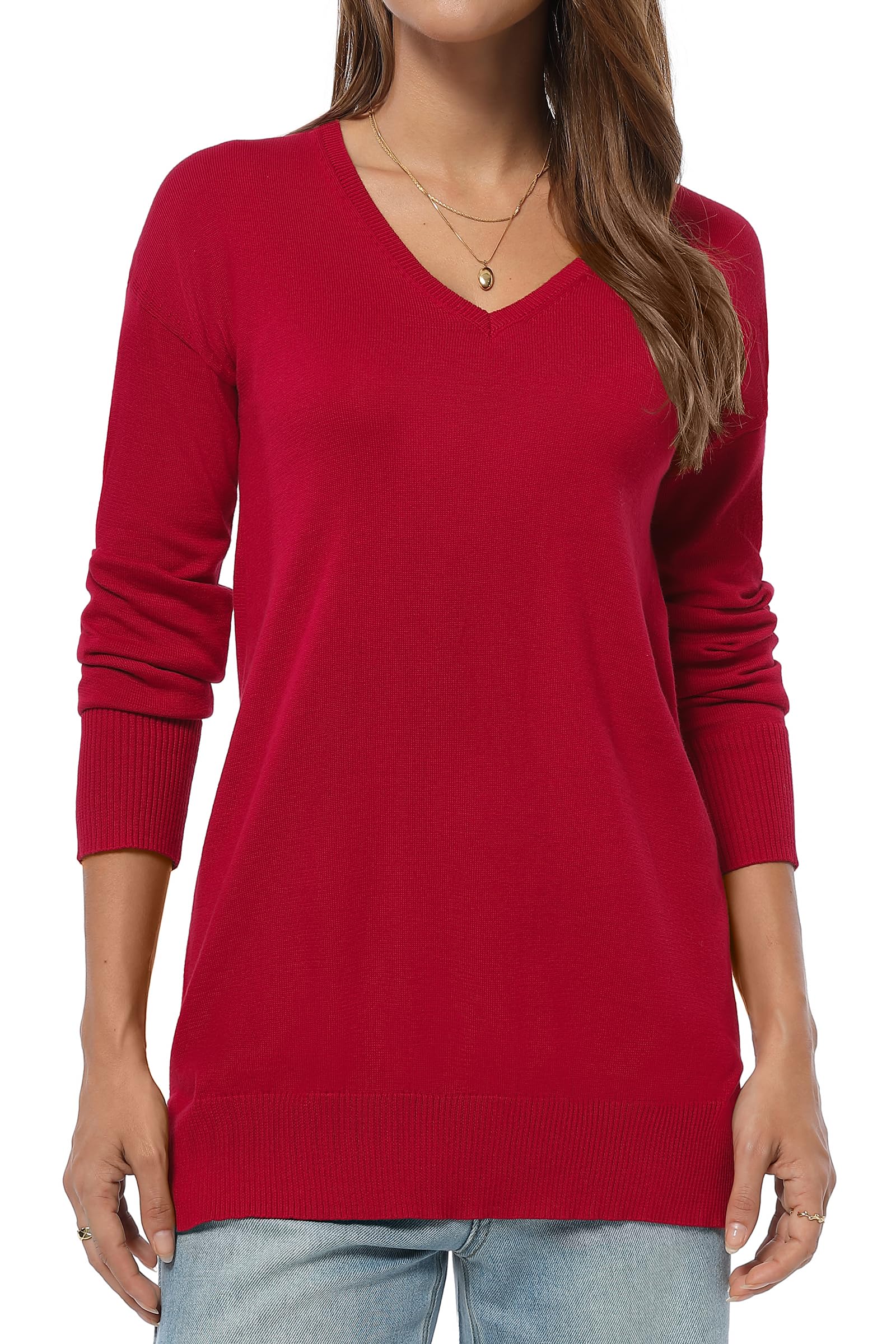 QUALFORT Womens V-Neck Long Sweater Lightweight Pullover Tunic Cotton Sweaters Long Sleeve Knit Comfort Causal Tops