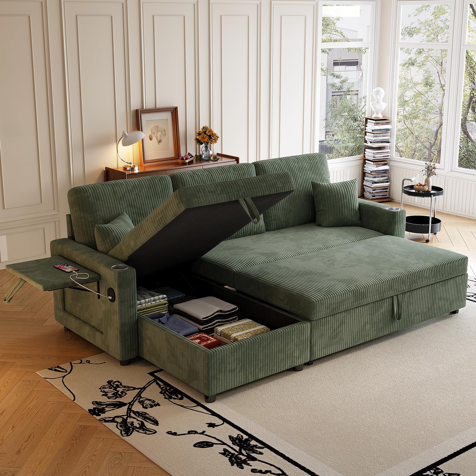 Sleeper Sectional Sofa, 83" Convertible Sofa Bed with Pull Out Couches, Small Desktop, L Shaped Couch with Reversible Chaise, Cup Holders, USB, Modern Corduroy Sofas for Living Room Apartment, Green