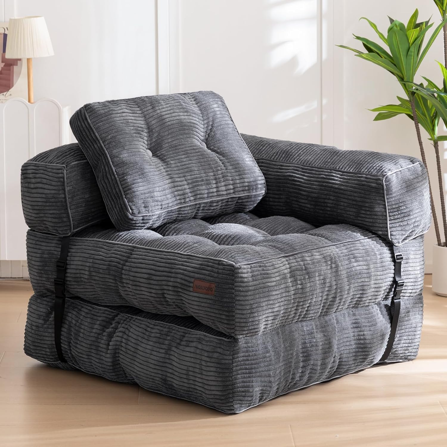 MAXYOYO Foldable Sofa Bed,Bean Bag Couch Convertible Sleeper Chair with Armrest L-Shaped Floor Lounge Sofa with Pillow Portable Lounge Seat for Bedroom & Living Room