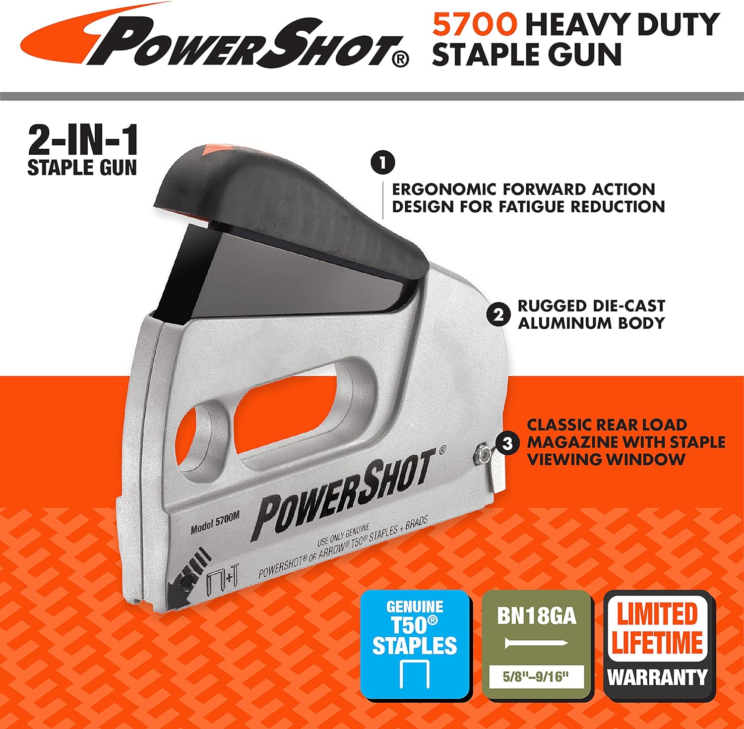 Arrow 5700 PowerShot Heavy Duty 2-In-1 Staple and Nail Gun for Wood, Upholstery, Furniture, Crafts, Fits 1/4", 5/16”, 3/8", 1/2", or 9/16" Staples and 5/8” or 9/16” Brad Nails - Hand Staplers And Tackers - 