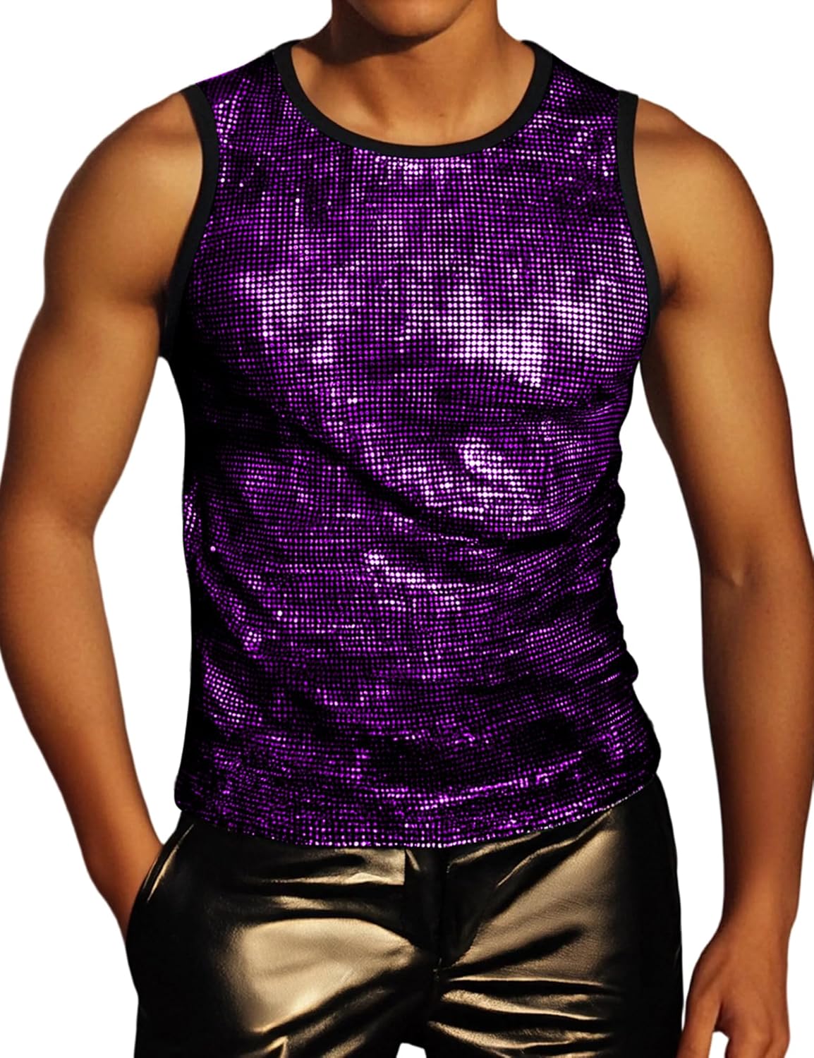 ZEROYAA Men's 70s Sequin Tank Top Shiny Disco Metallic Sleeveless Shirt