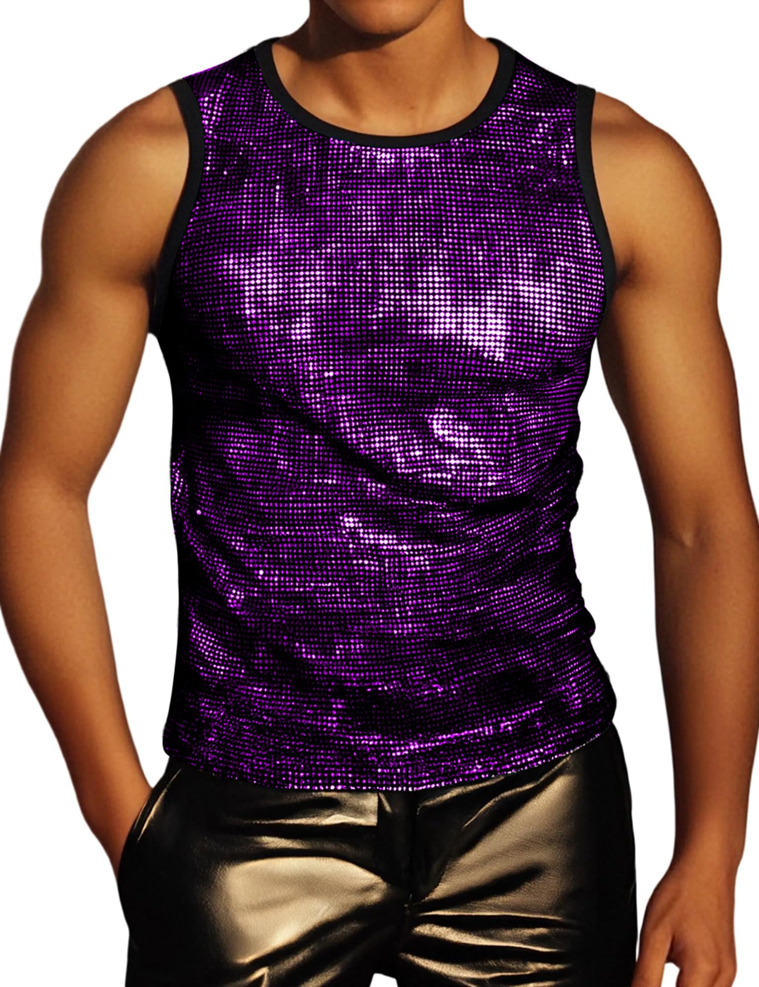 PARKLEES Men's 70s Sequin Tank Top Shiny Disco Metallic Sleeveless Shirt Purple Small