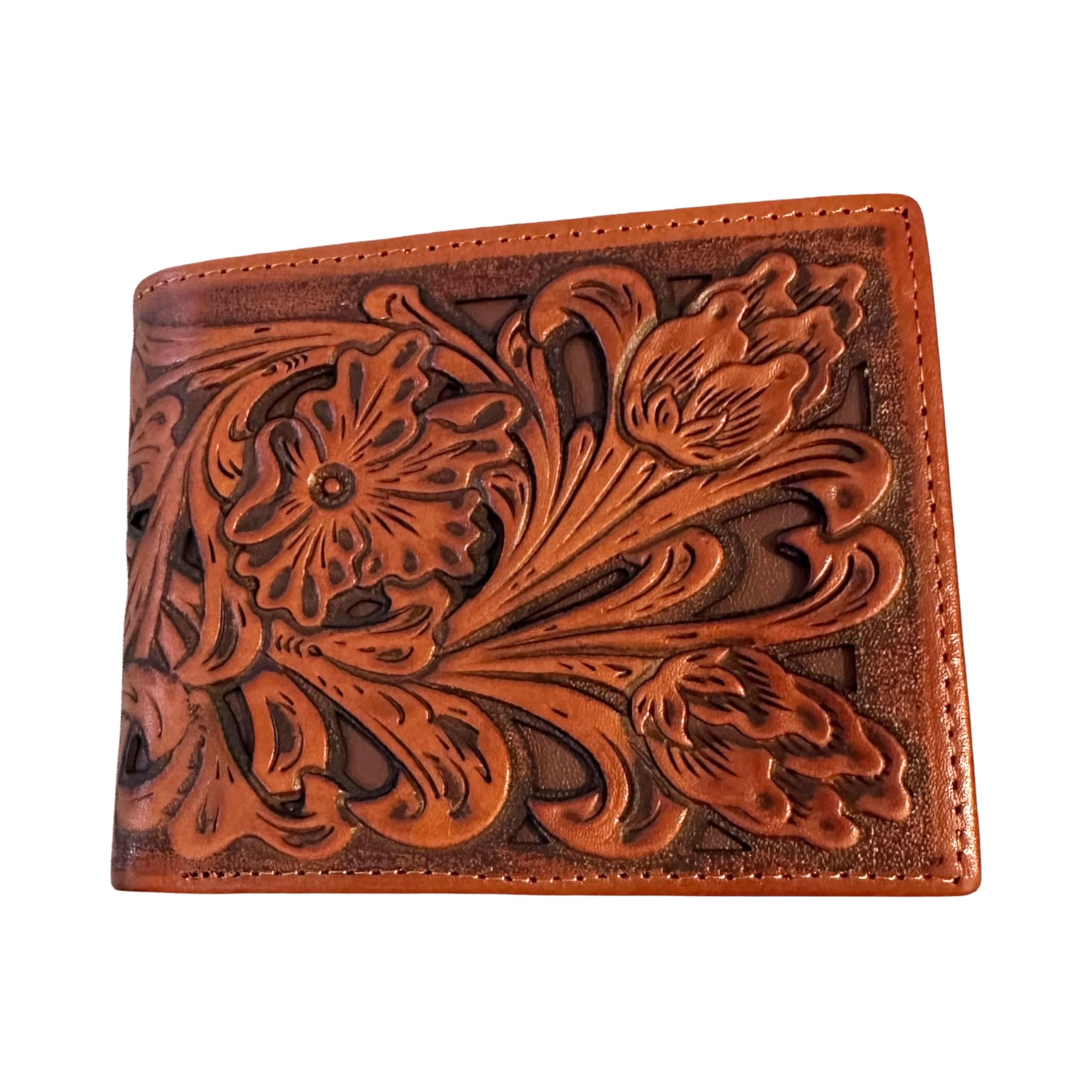Western Stakes Men’s Short Leather Wallet – Laser Cut Floral Pattern Bifold in Multiple Colors – Compact Western Wallet for Cowboys, Ranchers &