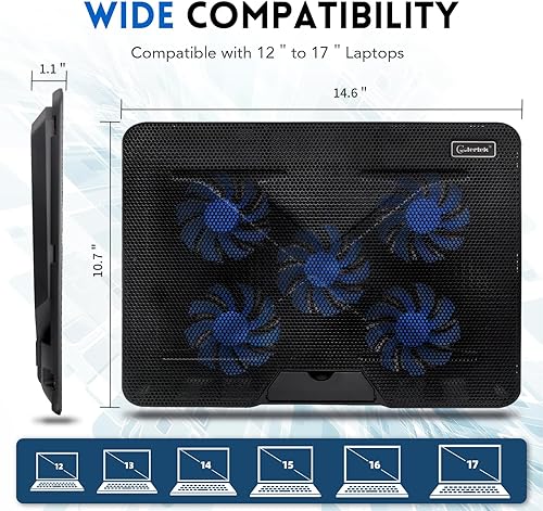 Miniatura 6 de Almohadilla de refrigeración para laptop, Coolertek enfriador para laptop con 5 ventiladores silenciosos, soporte de altura ajustable para