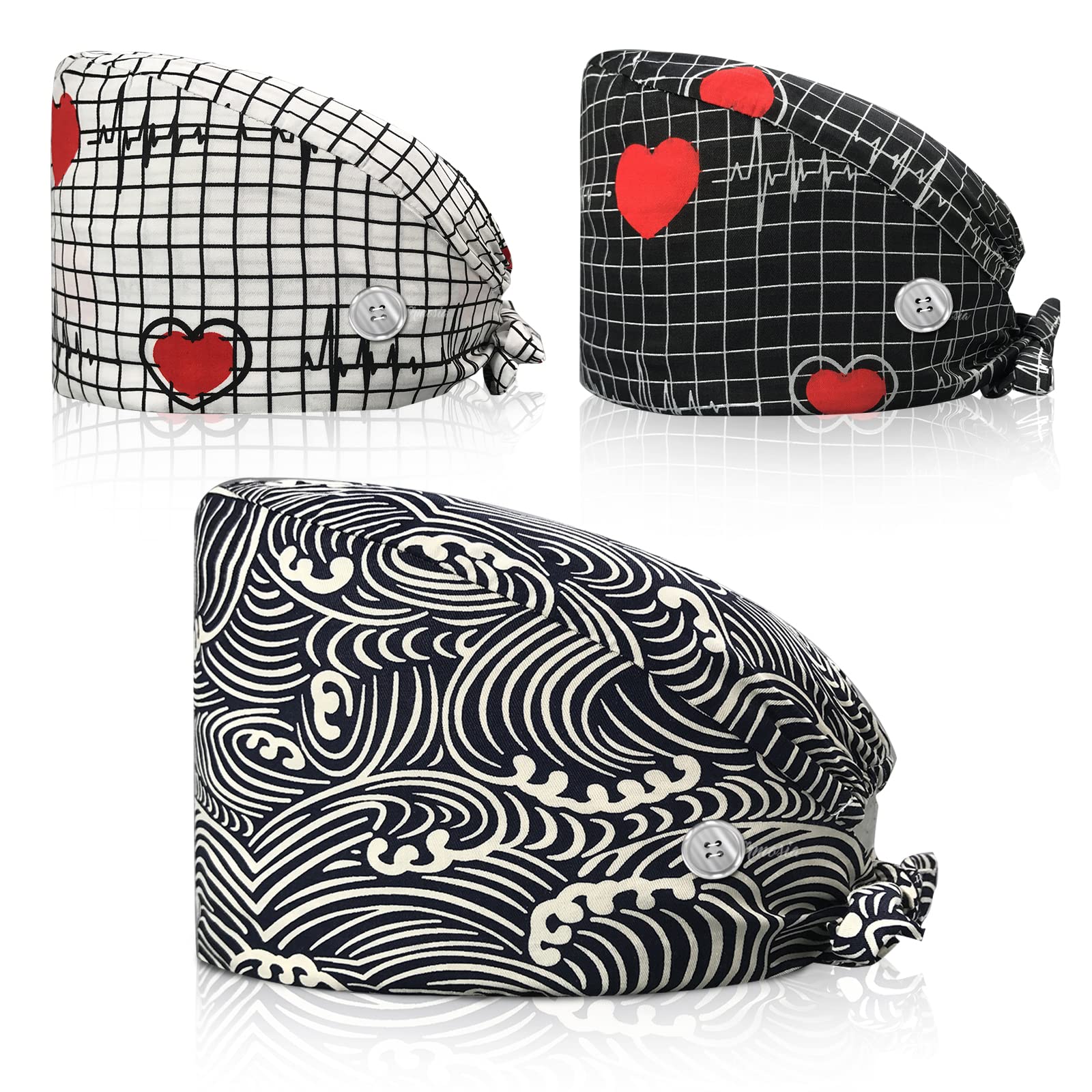 VIAOLI Scrub Caps Women with Buttons Nurse Hair Cover Adjustable Turban Caps Cute Printed Work Hats Nursing Pet Clinic Cap, 3pcs-04, M