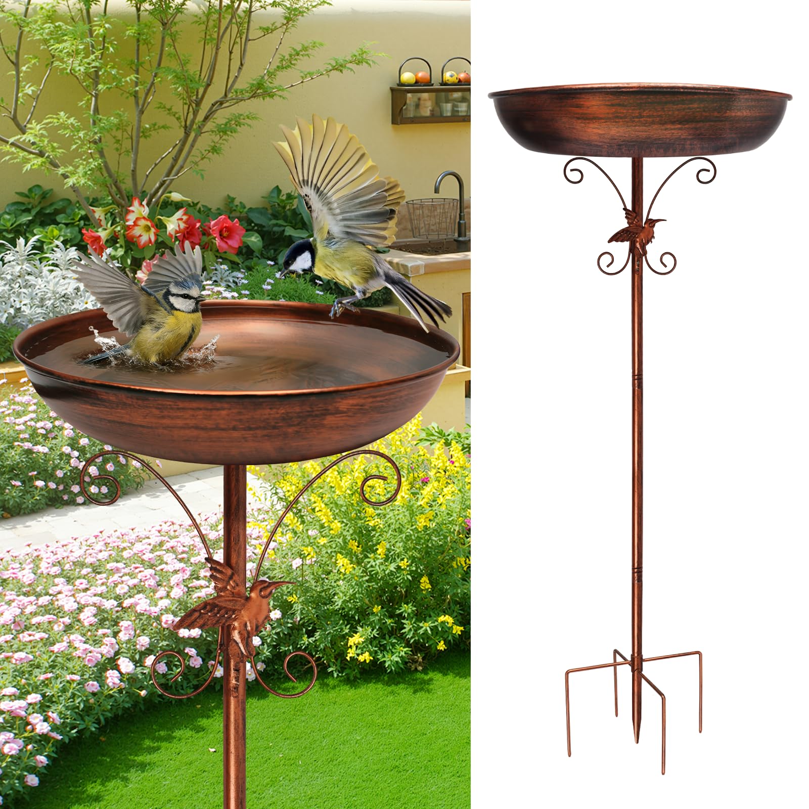 Newthinking Metal Bird Bath for Garden, 39.4Inches Vintage Freestanding Birdbaths Feeder Bowl with 5-Pronged Base and Relief for Outdoors Garden Patio Yard Lawn Decor