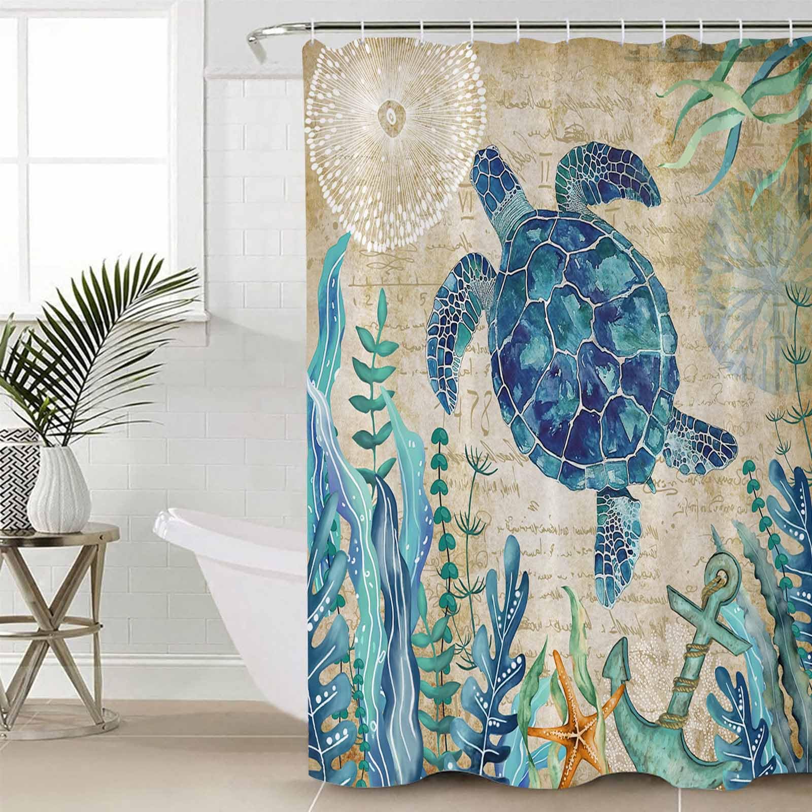 EZON-CH Beautiful Sea Turtles Shower Curtain Sets Bathroom, Classic Stylish Blue Ocean Waterproof Shower Curtain with Hooks, Sea Beach Theme Shower Curtain Fits Perfect to Every Bath Decor 36x78IN