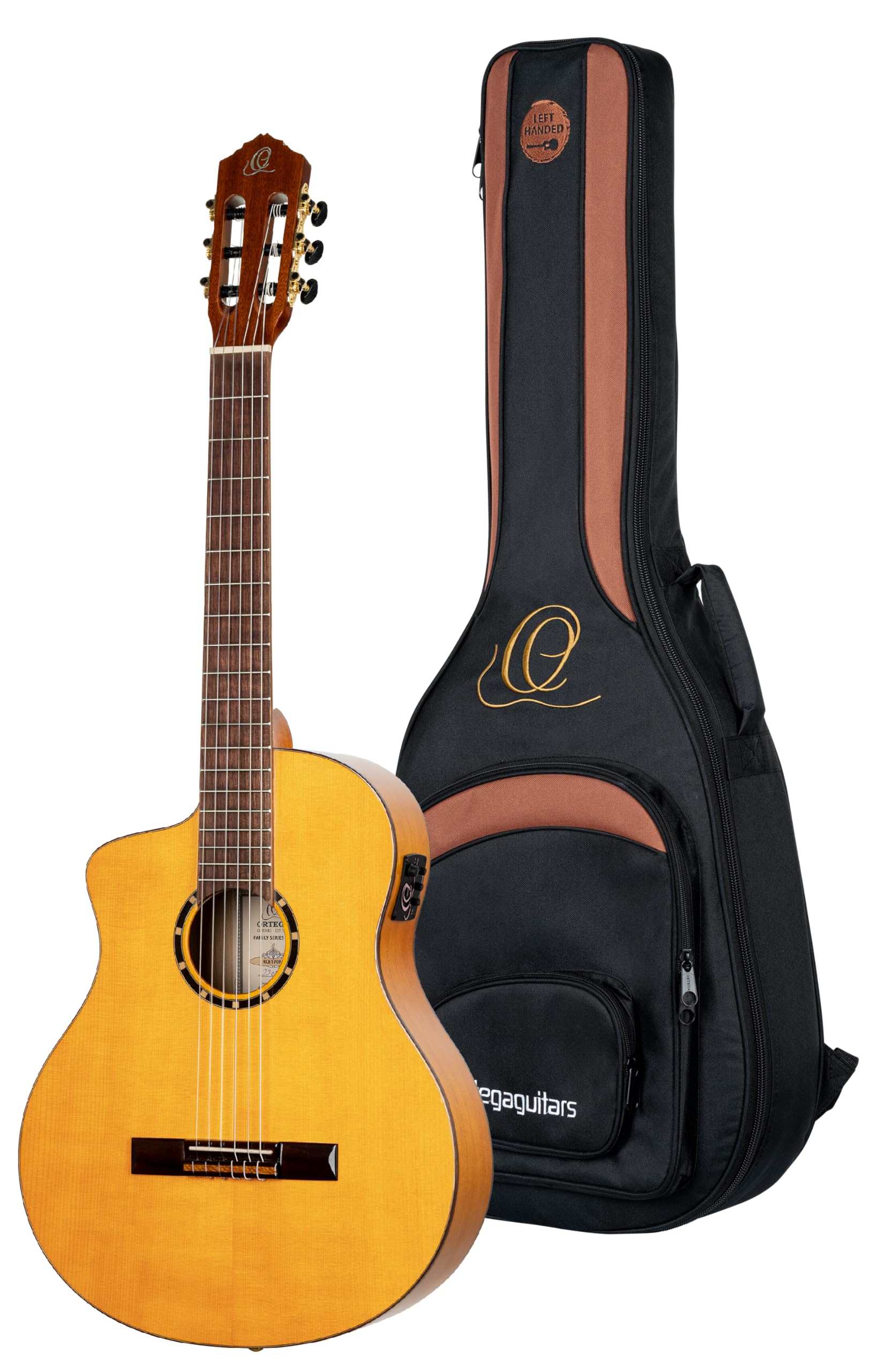Ortega Guitars Family Series Pro - Guitarra flamenca para zurdos, tamaño 4/4, electroacústica, pícea y ciprés con acabado brillante, color amarillo – Incluye funda (RCE170F-L)