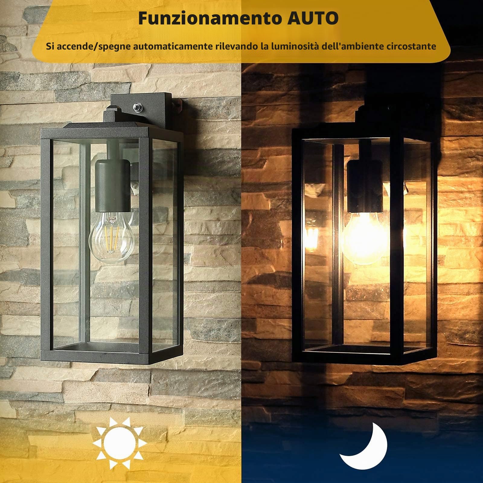 HLFVLITE Lampada da Parete per Esterni Dusk to Dawn, Alluminio Applique da Esterno Impermeabile con Attacco E27 con Paralume in vetro per Porta d'ingresso del Portico, Garage, Nero Opaco