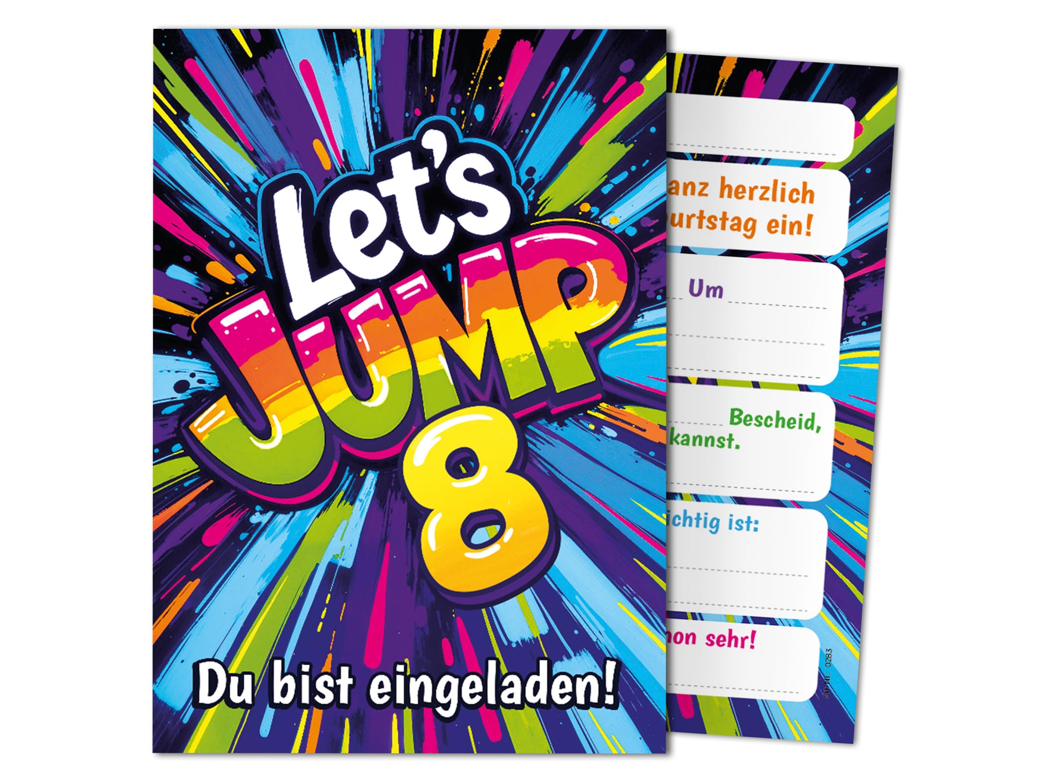 Junaversum 12 Einladungskarten zum 8. Kindergeburtstag Jump Party Mädchen Kinder Jungen coole bunte Einladungen achte Geburtstag Geburtstagseinladungen Kids