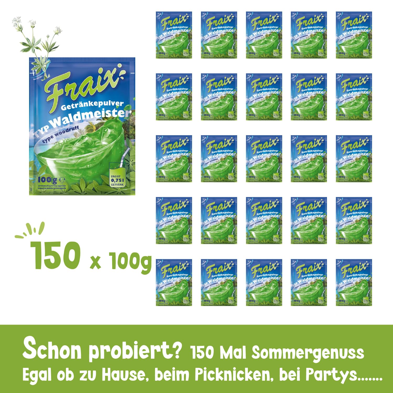 FRAIX Bebidas en polvo Waldmeister, paquete de 150 unidades (150 x 100 g), polvo refrescante instantáneo con sabor floral, polvo de fruta perfecto para pícnic, fiesta de cumpleaños