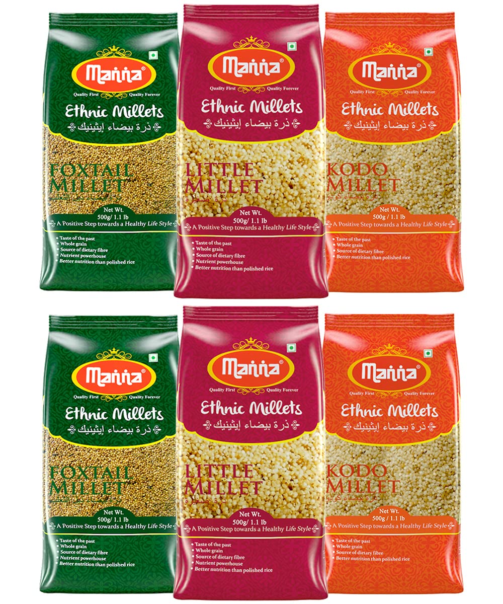 Manna Millets - Natural Grains Combo Pack of 6 | Unpolished Siridhanya Millets | Foxtail 1kg, Kodo 1kg, Little 1kg | Certified Low GI | Nutrient Powerhouse, High Protein, 100% more Fibre than Rice (B0C2HCCKXP) Amazon Price History, Amazon Price Tracker