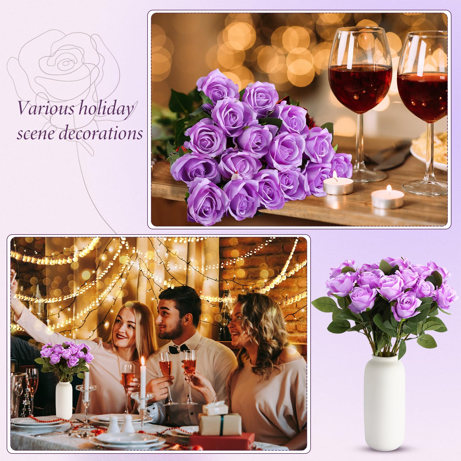 Hotop 20 Pcs Rose Artificial Flowers with Long Stem Realistic Silk ...