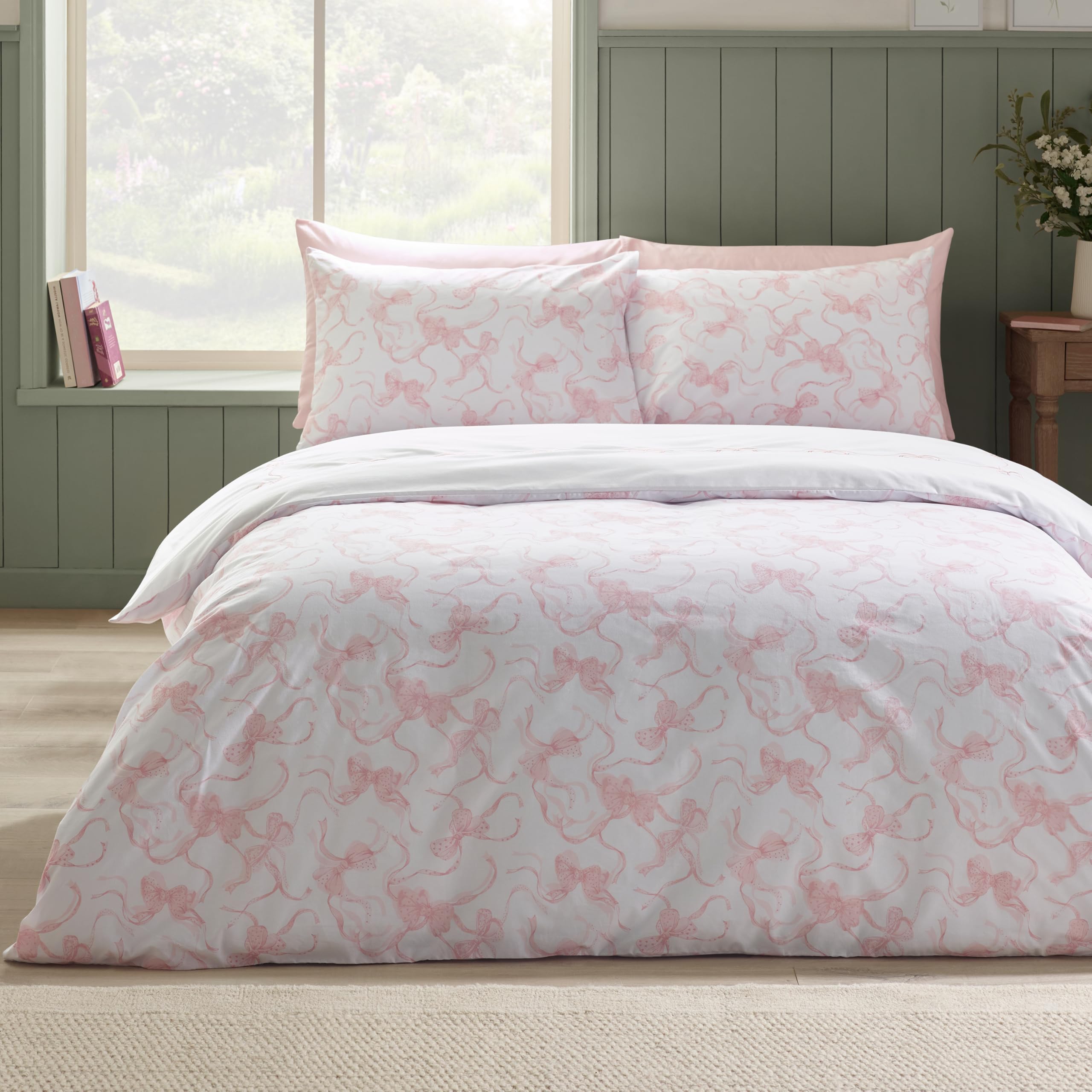 Catherine Lansfield Juego de Funda de edredón y Fundas de Almohada con Bordado de Lazo, Color Blanco y Rosa