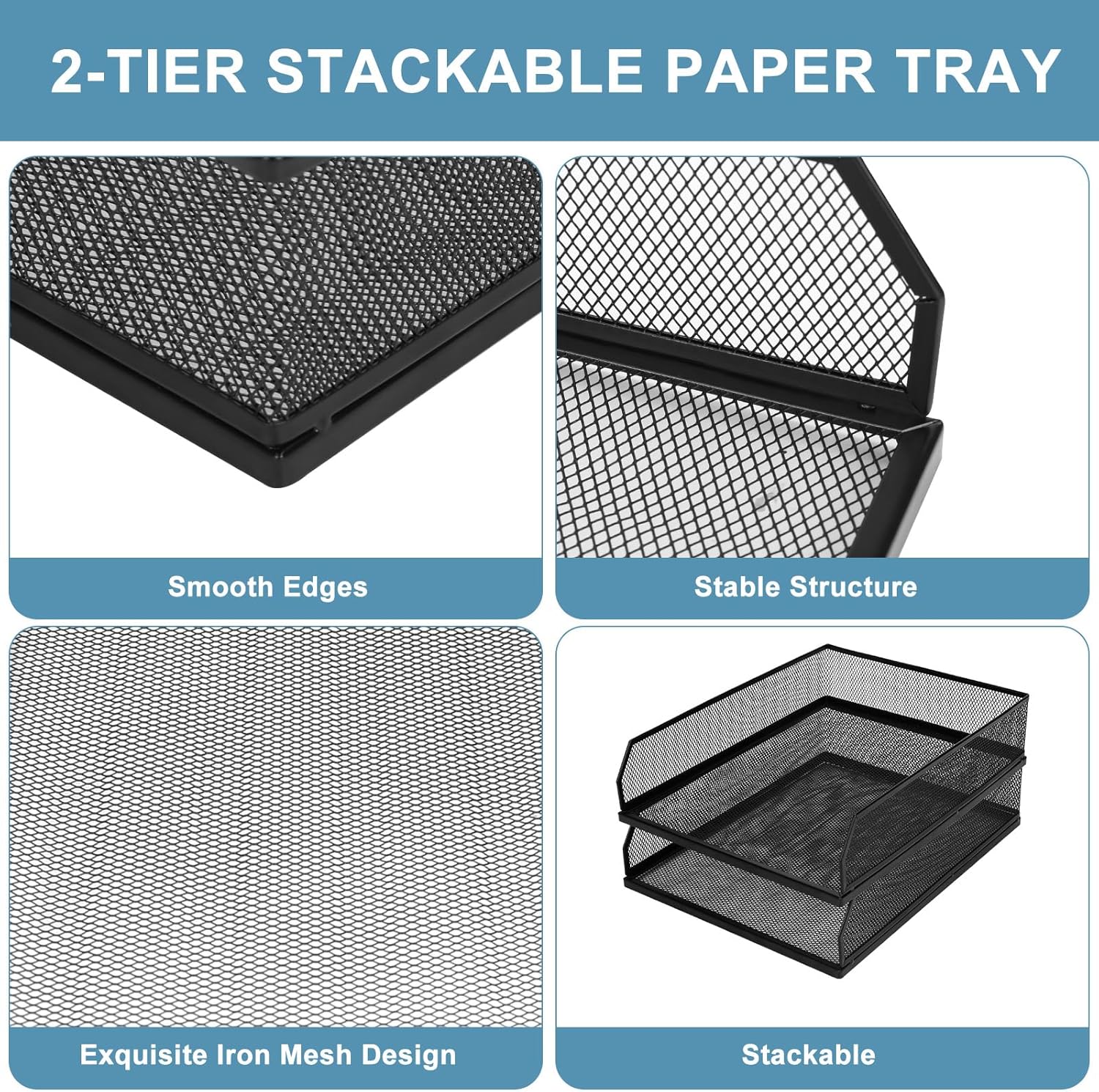 Stackable Paper Tray Desk Organizer, 2 Pack Letter File Tray, Wire Mesh Desktop Organizer, Front-Load Metal A4 Paper Sorter Documents Storage Holder Tray for Office Supplies Home School Classroom