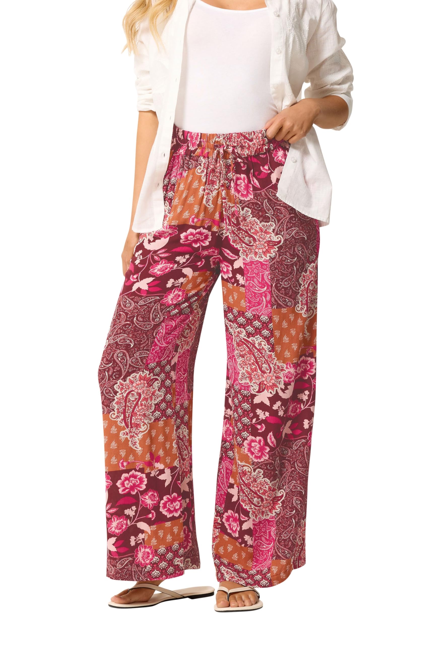 M&Co Women's Dark Pink Abstract Print Wide Leg Trousers In | Size: 12
