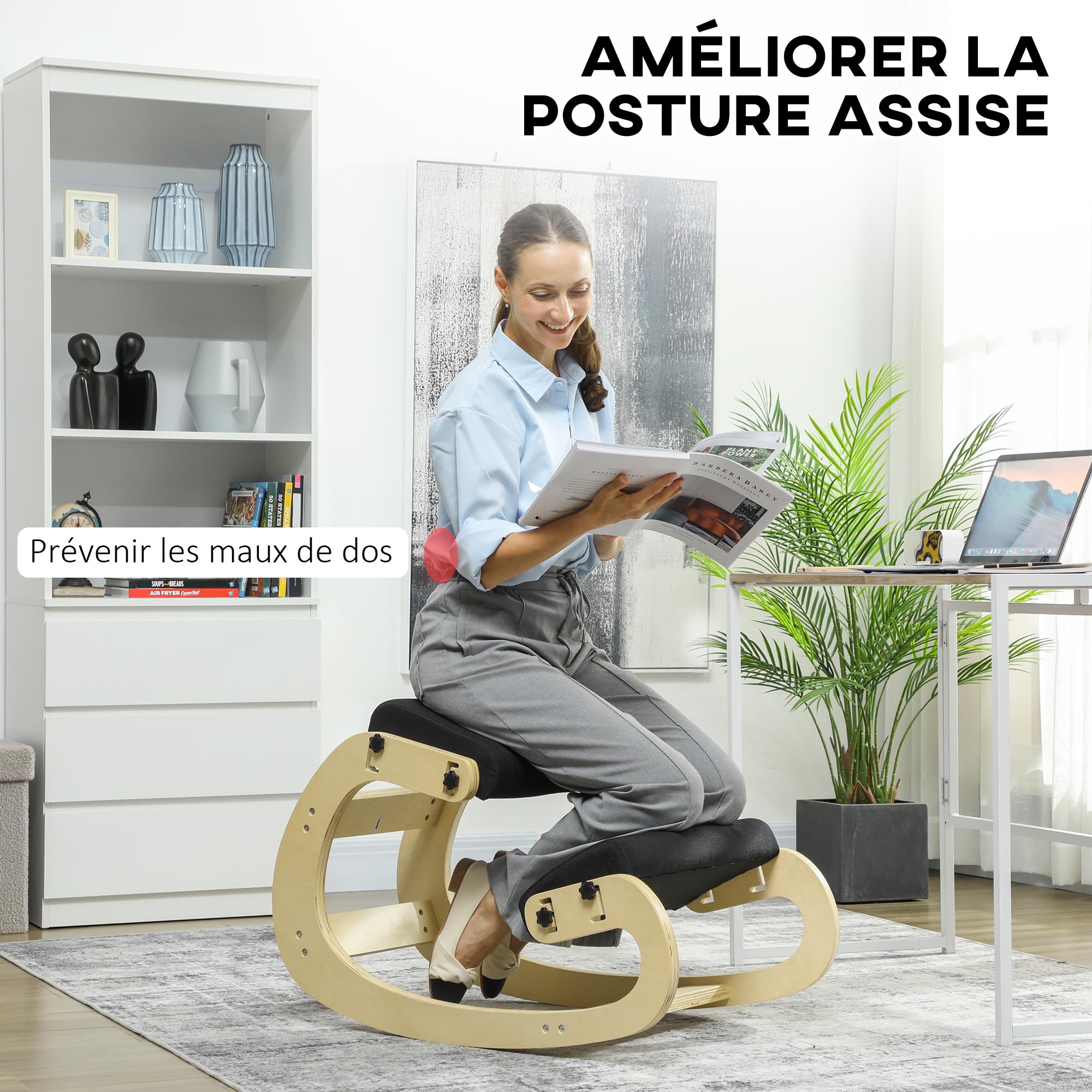 HOMCOM Asiento de Rodilla, Asiento Ergonómico de Madera basculante, Silla de Rodilla ajustable para Oficina en casa, Mejorar la Postura, Dolor de Espalda, Negro