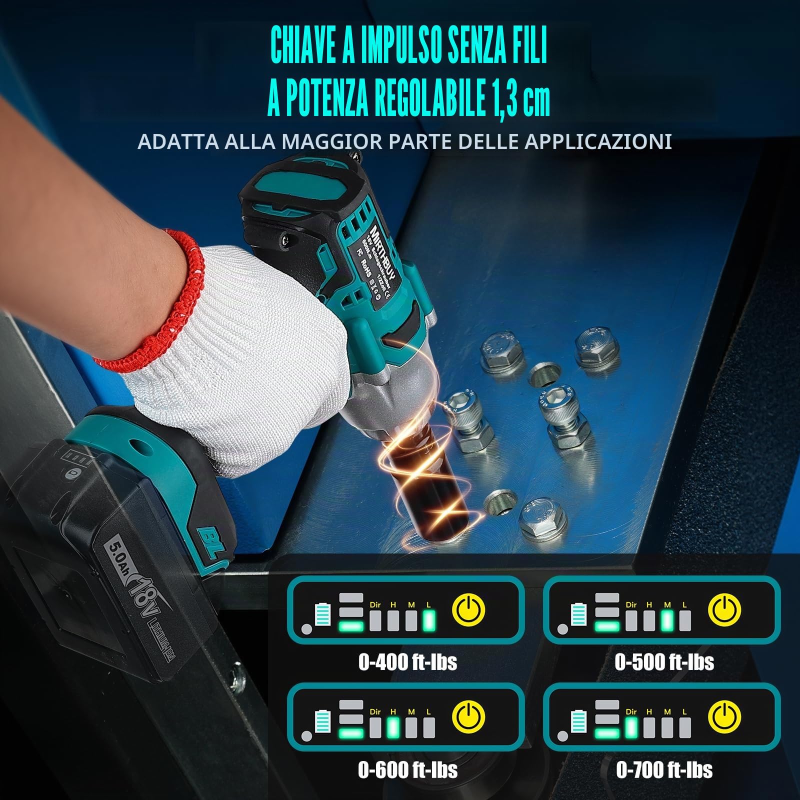 Chiave a impatto elettrica senza fili 600 N.M, 1,27 cm, chiave a impatto elettrica 18 V, chiave a impatto senza spazzole per Makita BL1830, BL1830B, BL1840, BL1840B, BL1850, BL1850B, BL1860B