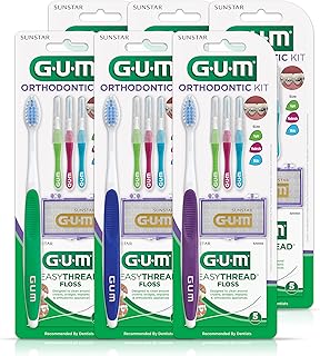 GUM Orthodontic Kit - Orthodontic Toothbrush, 3 Proxabrush Sizes, EasyThread Floss, and Mint Ortho Wax (Pack of 6)
