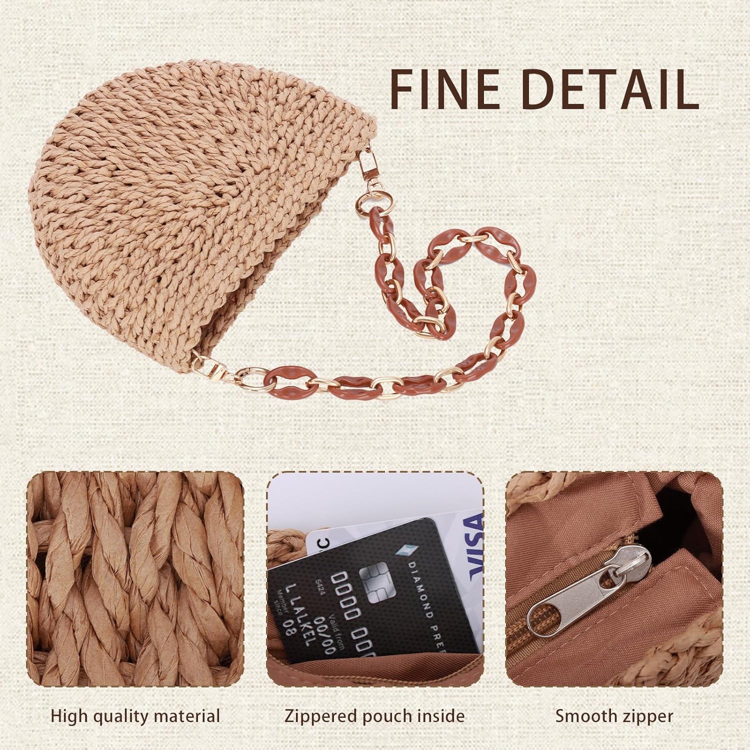 Fecialy Handmade Straw Crossbody Bag for Women Semicircle Woven Handbag Summer Beach Shoulder Bag - Image 6