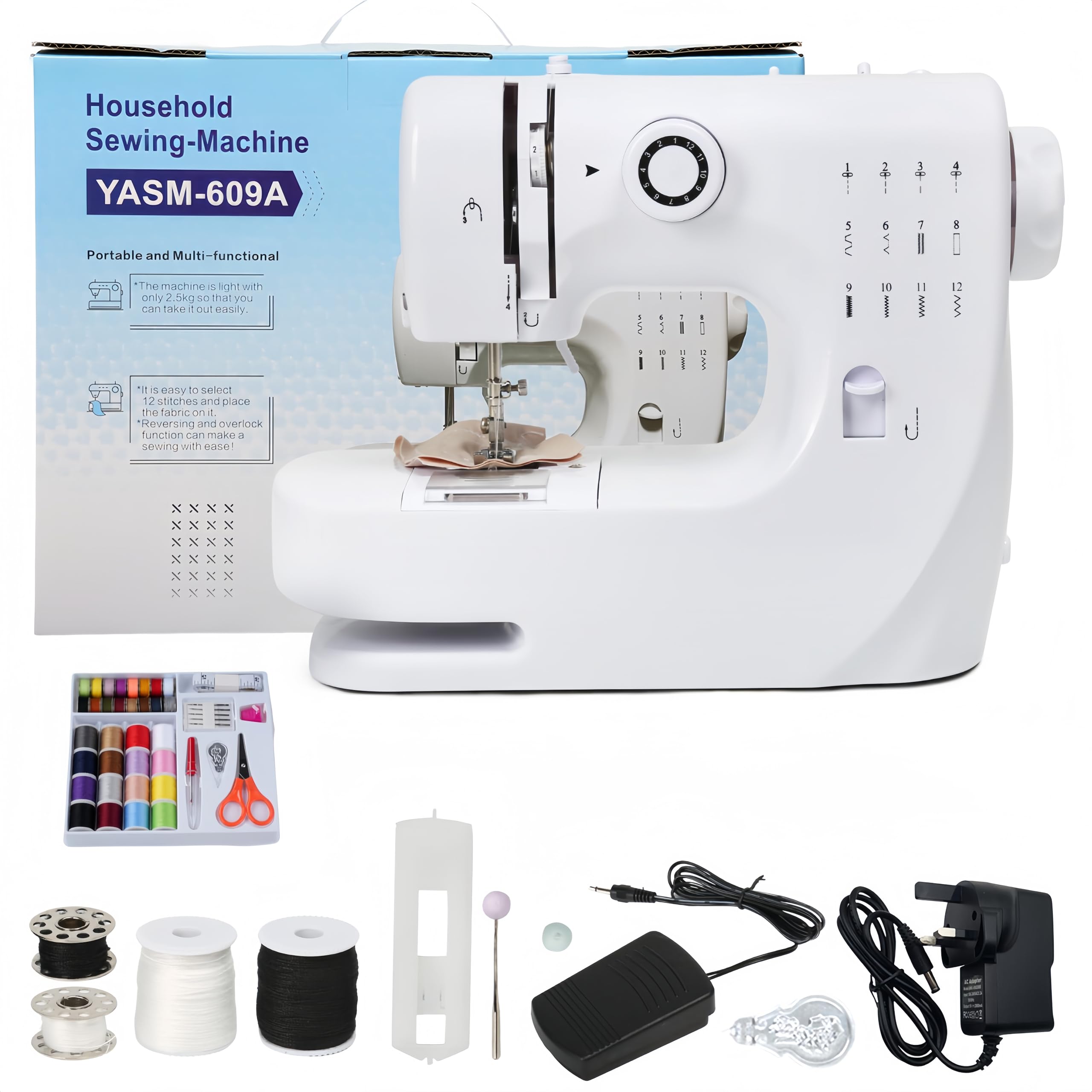 Household Mini Sewing Machine, 12 Stitches Electric Sewing Machine with Compact Portable Sewing Kit with Foot Pedal for Home Use, 33.3x14.5x24.3cm