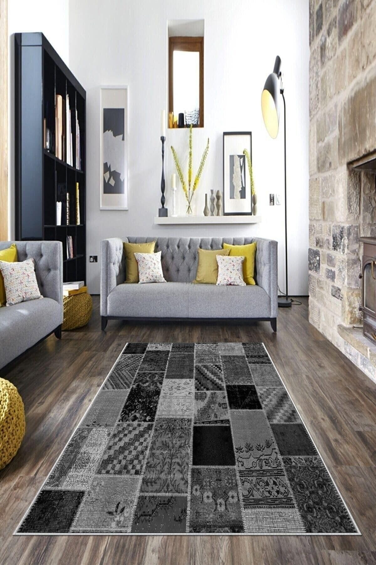 Pelangi Gri Patchwork Kırkyama Desen Yıkanabilir Kaymaz Taban Leke Tutmaz Modern Salon Halısı Ve Yolluk, Siyah-Antrasit 100 x 500, 1358172100500728