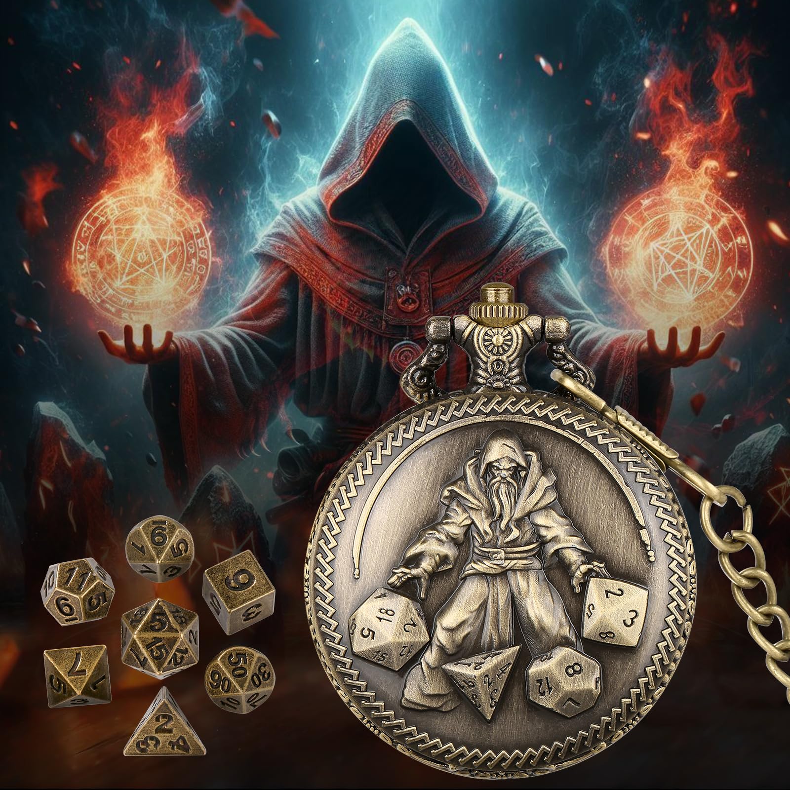 Mini DND Dice Set including Hand held Dice Wizard Pocket Watch Shell Case, 7pcs Polyhedral Metal Dice Set, D&D Starter Set - Image 2