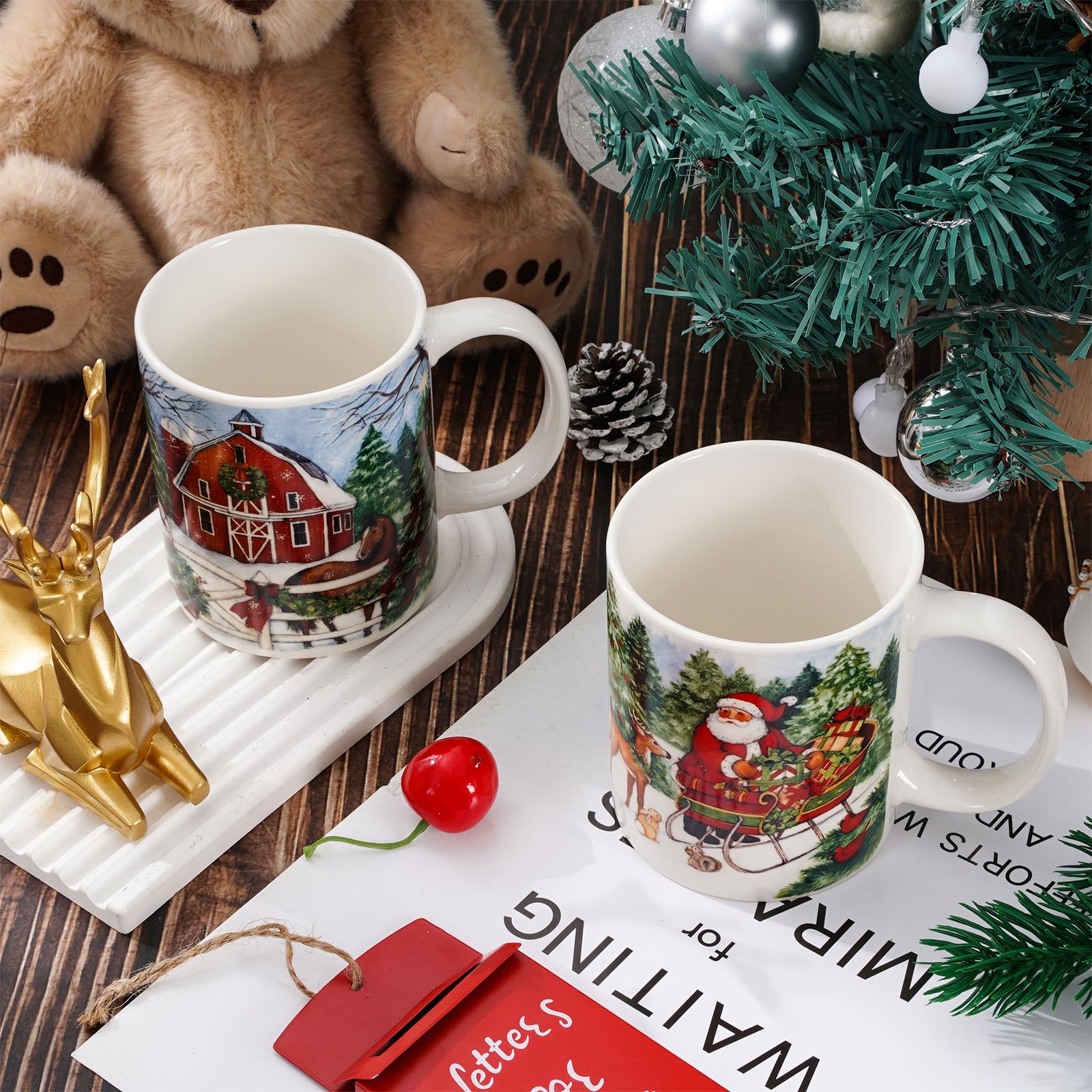 Whaline Lot de 4 tasses de Noël vintage de 355 ml, motif Père Noël, bonhomme de neige, tasse à café en céramique pour fête de Noël pour la maison, l'école, le bureau, cadeau de pendaison de