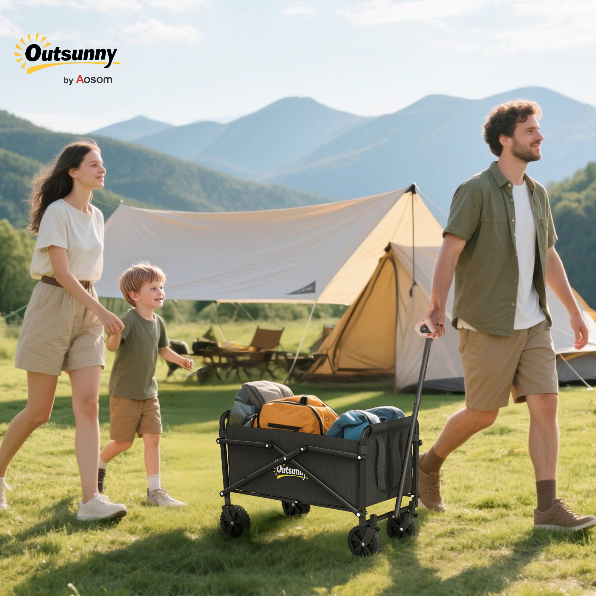 Outsunny Bollerwagen Faltbarer Handwagen 360° Gartenwagen Transportwagen mit verstellbarem Griff Strandwagen bis 60 kg Tragkraft, für Sport, Einkauf, Camping, Schwarz