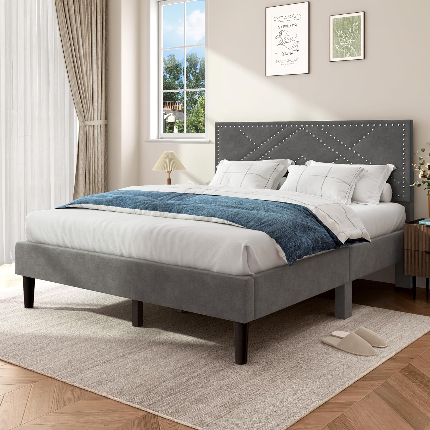 DlandHome Queen Size Bed Frame with Headboard, Upholstered Platform Bed Frame and Heavy Duty Wooden Slats Support, Nailhead Trim, Easy Assembly, Noise-Free, No Box Spring Needed, Dark Grey - Image 5