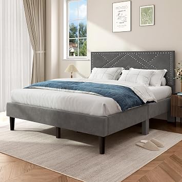 soges Queen Bed Frame with Linen Fabric Rivet Designed Headboard, Platform Bed with Wood Slats Support, No Box Spring Needed, Easy Assembly, Grey