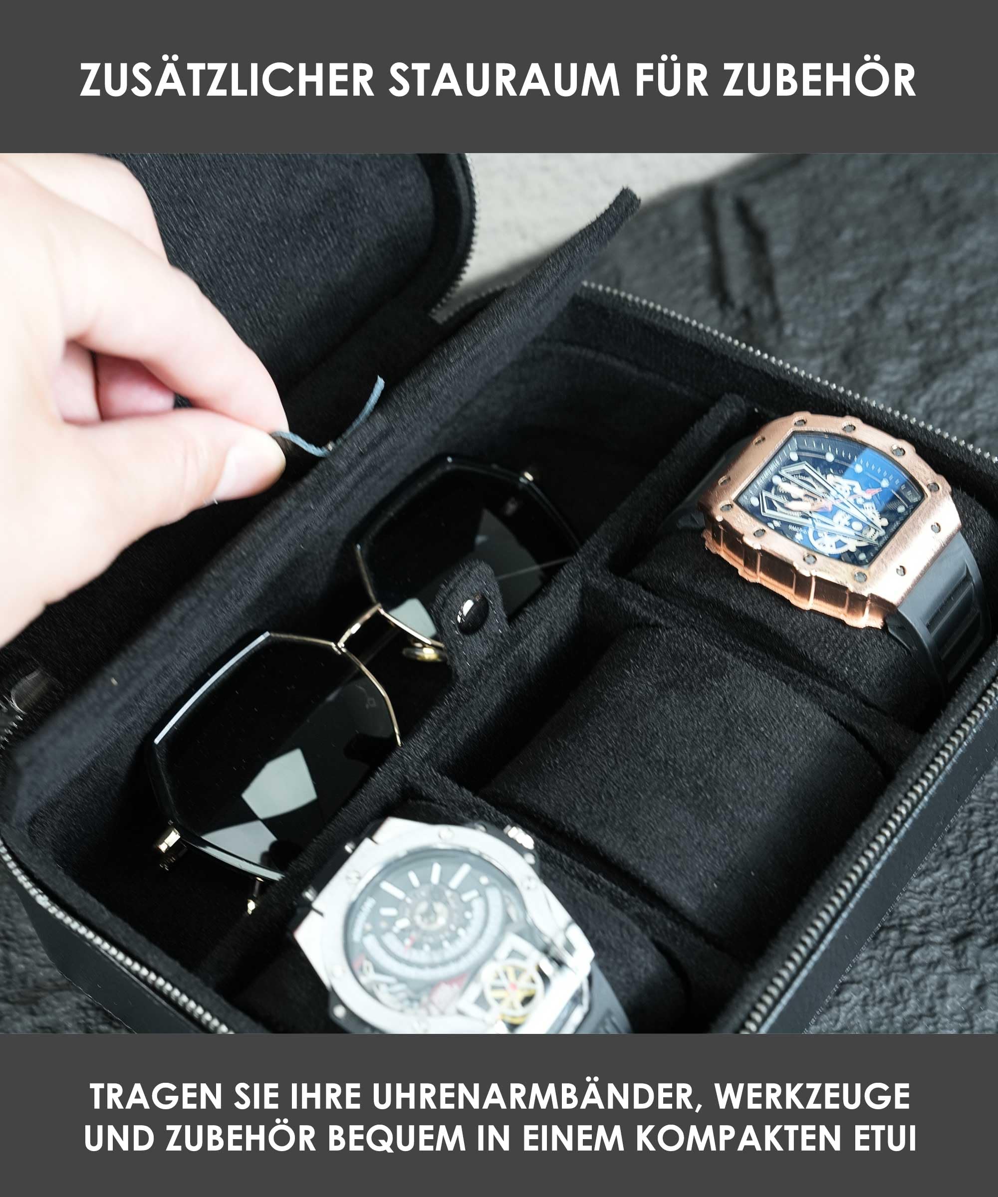 Uhrenbox aus echtem Leder für Herren, Reiseetui mit Brillenfach, Tragetasche aus genarbtem Echtleder für 3 Uhren, Uhren-Reiserolle, Reißverschluss (Schwarz)