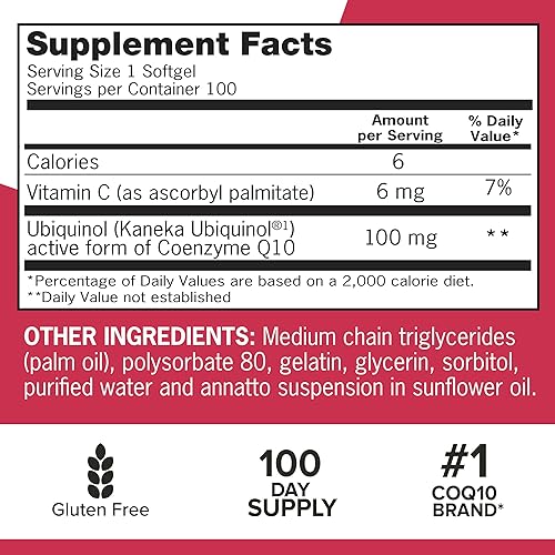 Miniatura 4 de Qunol Mega Ubiquinol Coq10 100 mg, absorción superior, suplemento natural soluble en agua y grasa, forma de coenzima Q10, antioxidante para la salud