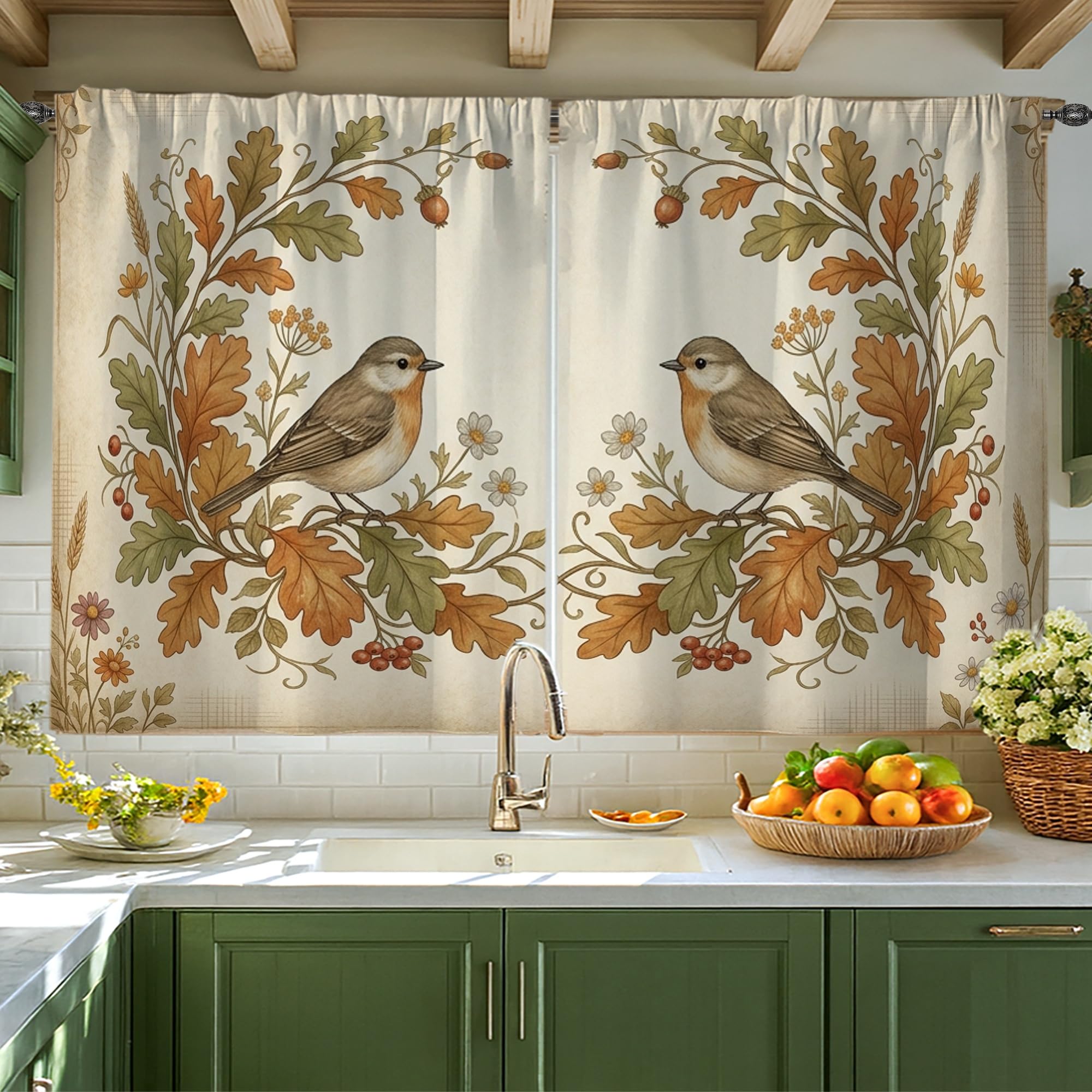 Rideau de cuisine rustique aux oiseaux pour habiller une fenêtre d'évier