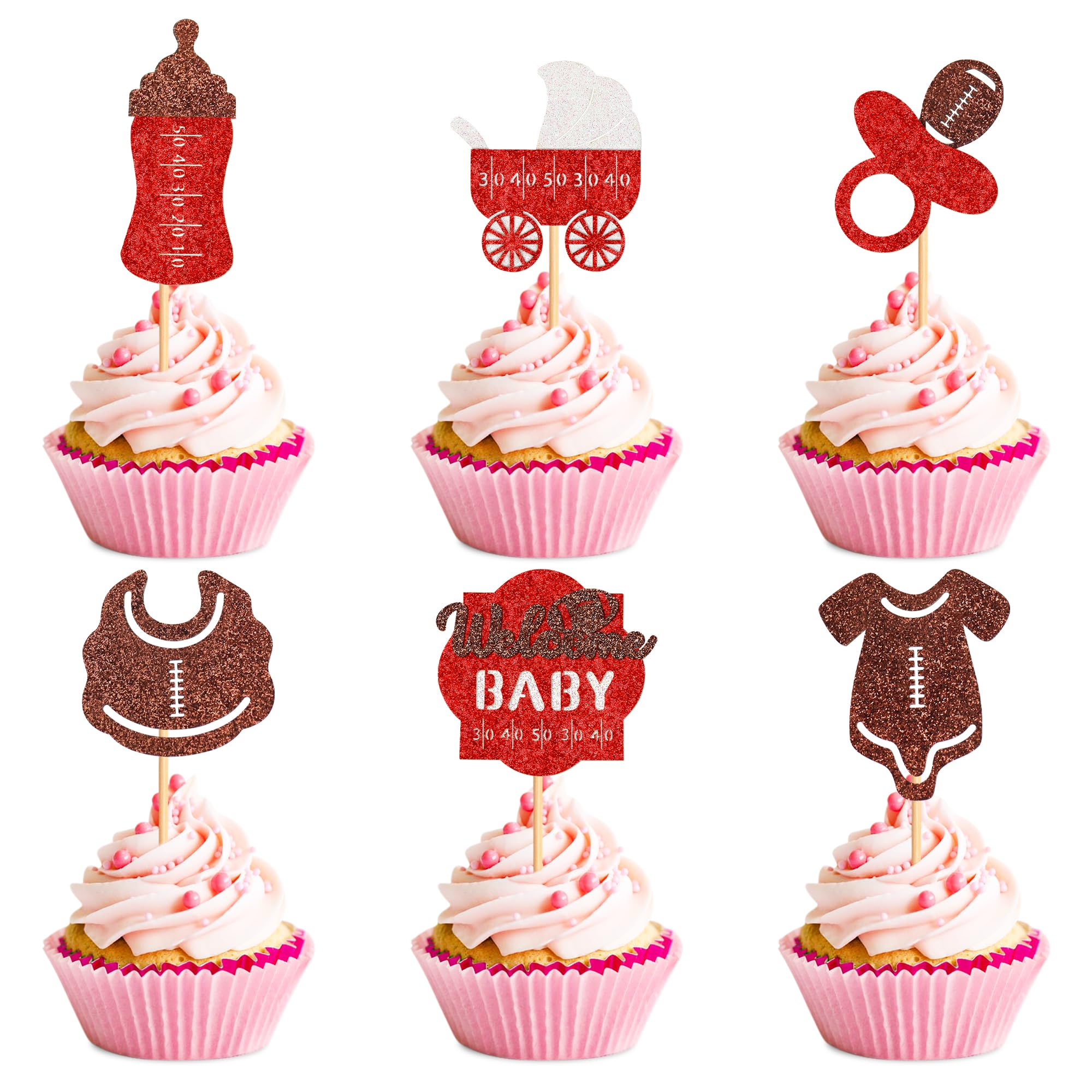 Ercadio 24 Pack Rugby Welcome Cupcake Toppers Red Glitter Football Cupcake Picks First Down Baby Feed Bottle Suit Cake Toppers for Rugby Theme Baby Shower Birthday Party Supplies