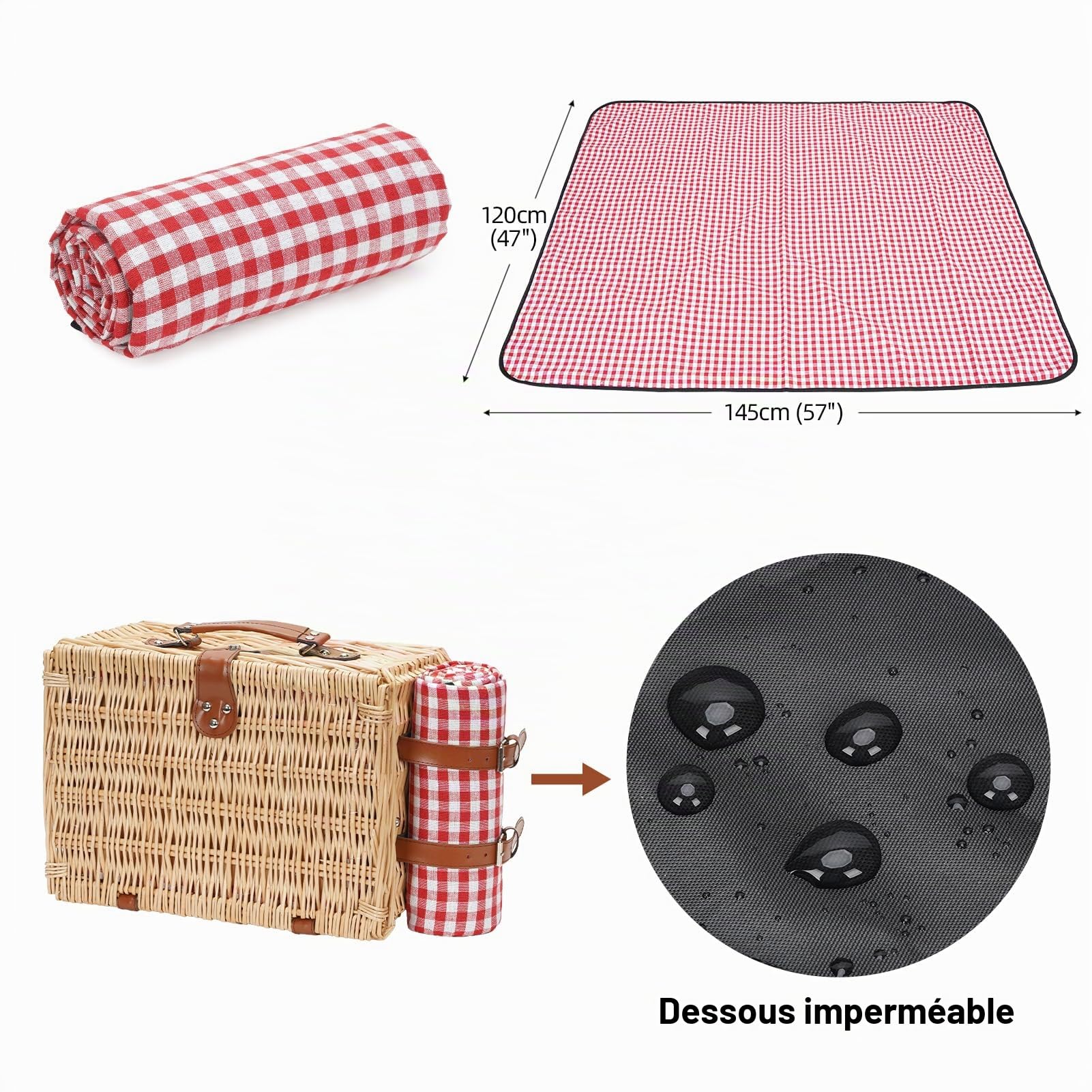 Panier de pique-nique pour 2 personnes - Avec compartiment isotherme et couverture de pique-nique imperméable - Fabriqué à la main - Cadeau pour camping, plage, randonnée (RotCheck)