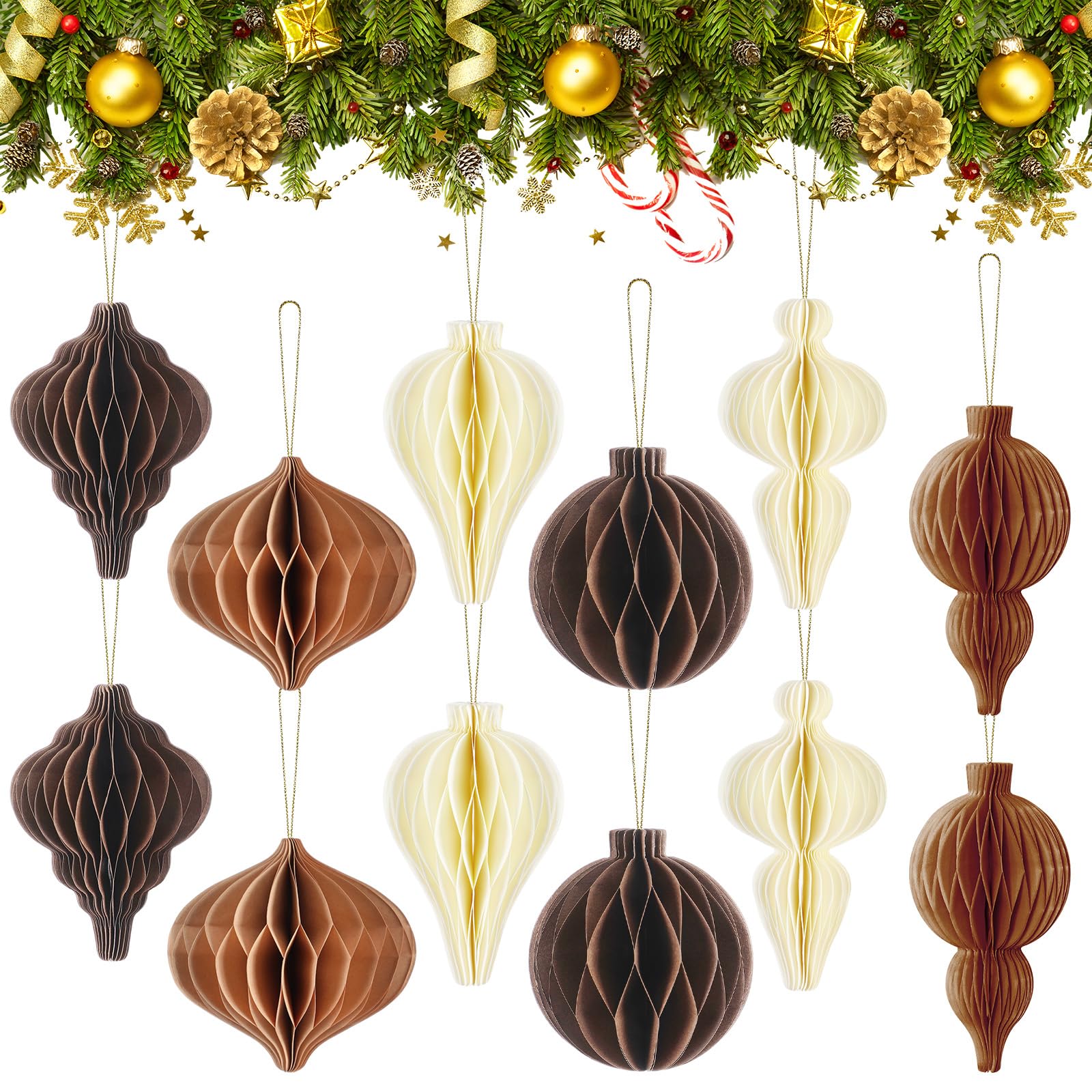 Watersay 12 Pcs Christmas Paper Honeycomb Ornaments Neutral Paper Lantern Ornament Vintage 3D Hanging Honeycomb Balls for Christmas Tree Party